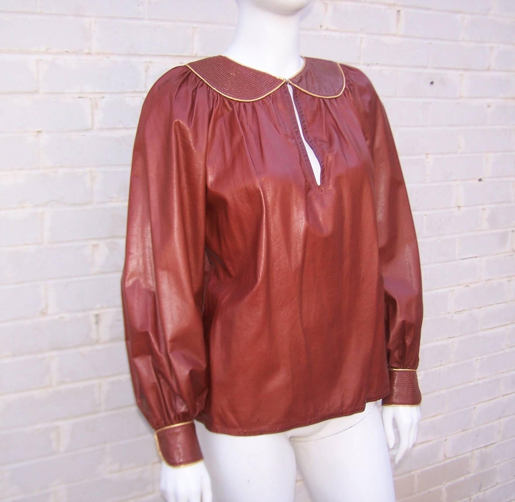 Brown 1970's Geoffrey Beene Oxblood Leather Smock Top With Gold Stitching