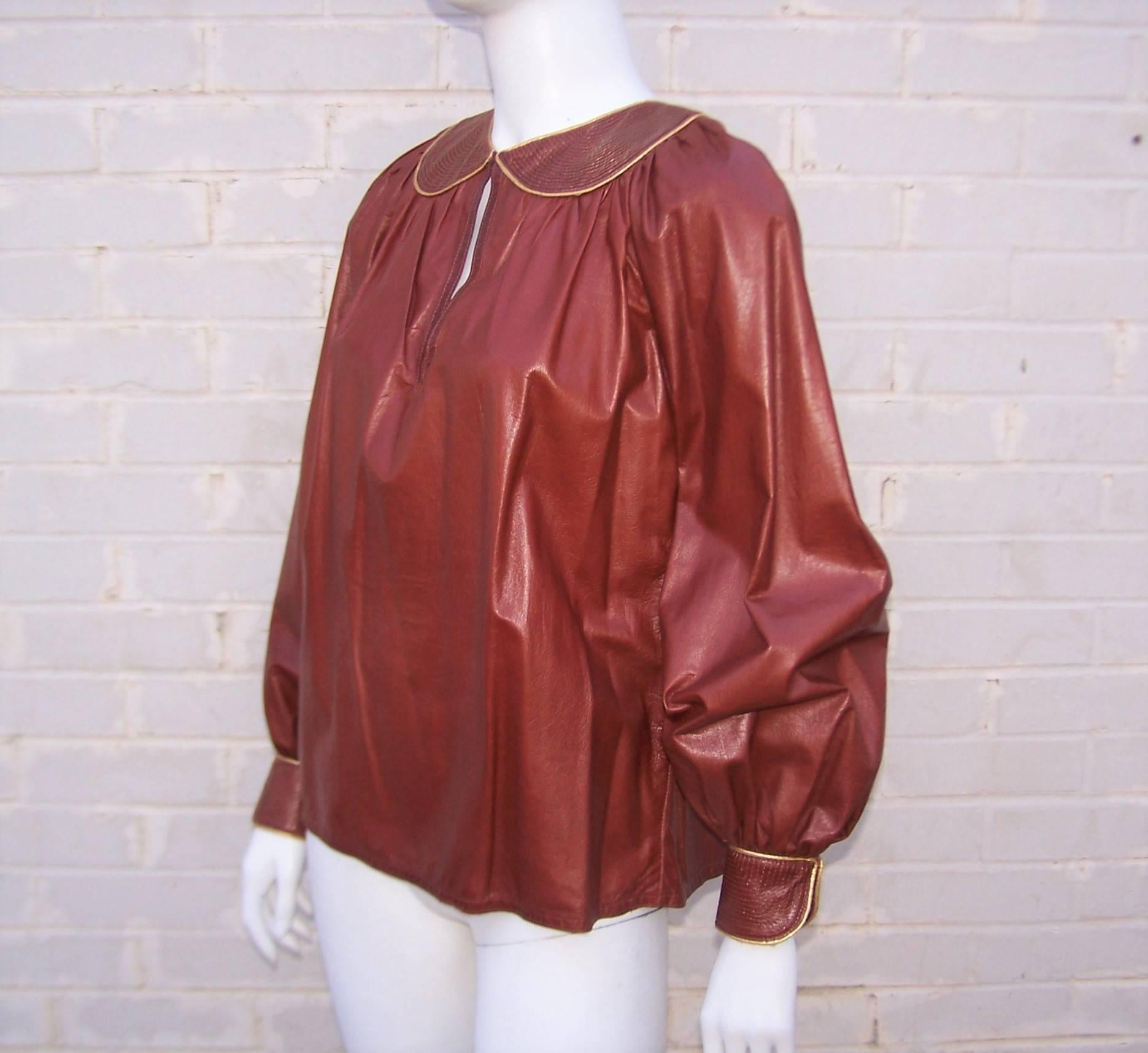 1970's Geoffrey Beene Oxblood Leather Smock Top With Gold Stitching In Excellent Condition In Atlanta, GA