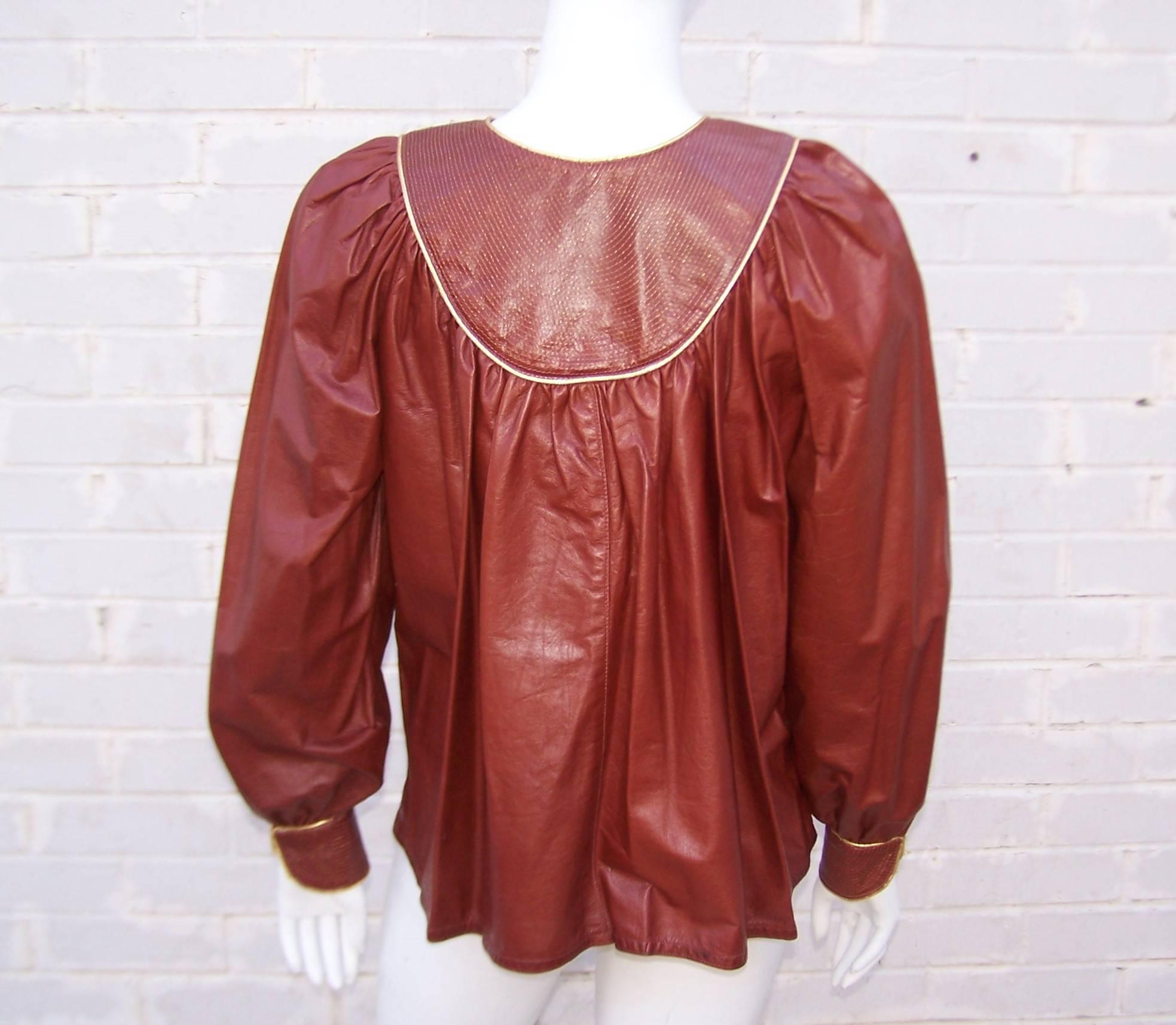 Women's 1970's Geoffrey Beene Oxblood Leather Smock Top With Gold Stitching