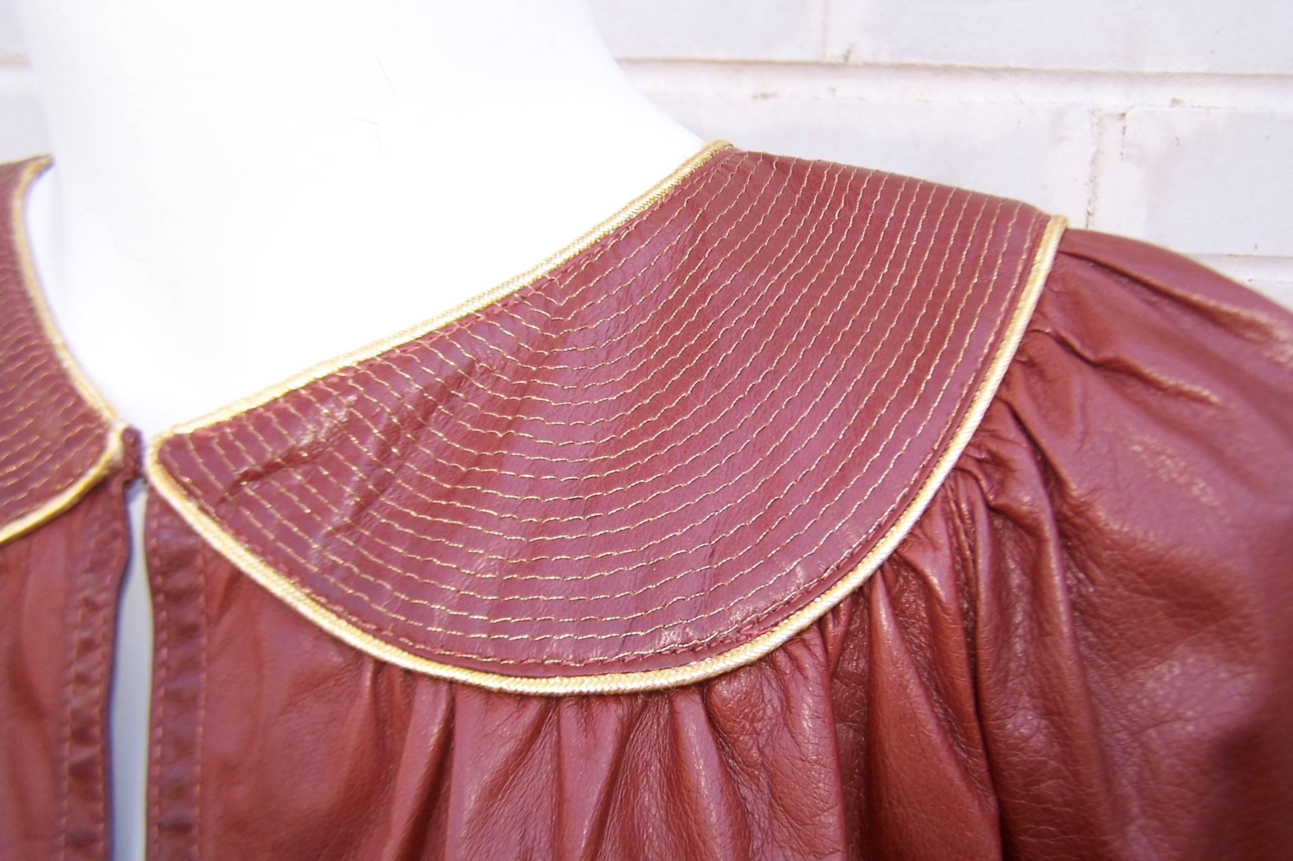 1970's Geoffrey Beene Oxblood Leather Smock Top With Gold Stitching 1