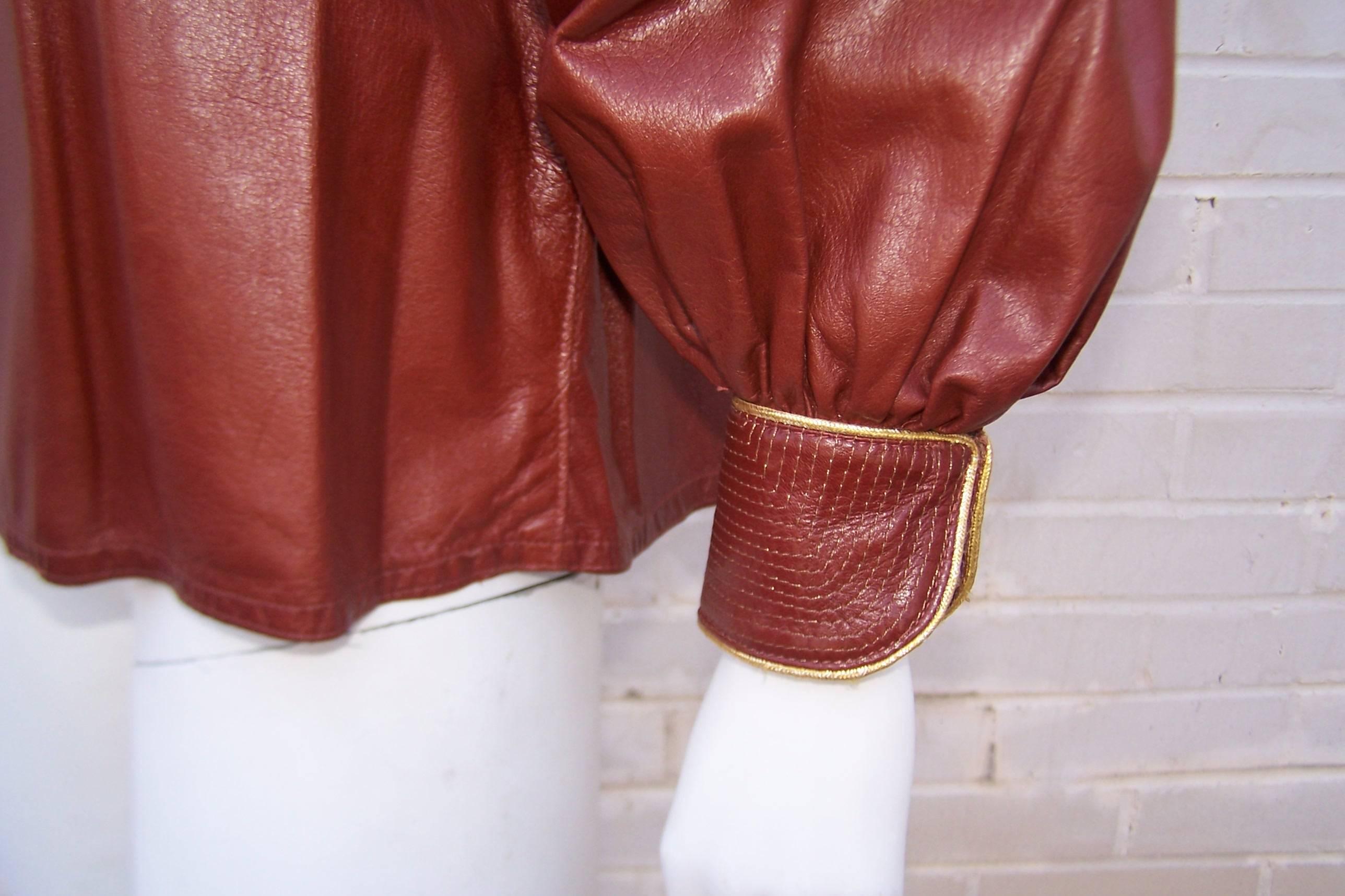 1970's Geoffrey Beene Oxblood Leather Smock Top With Gold Stitching 2