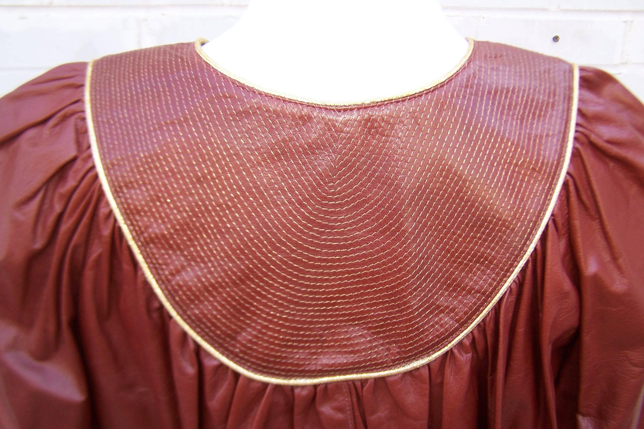 1970's Geoffrey Beene Oxblood Leather Smock Top With Gold Stitching 3