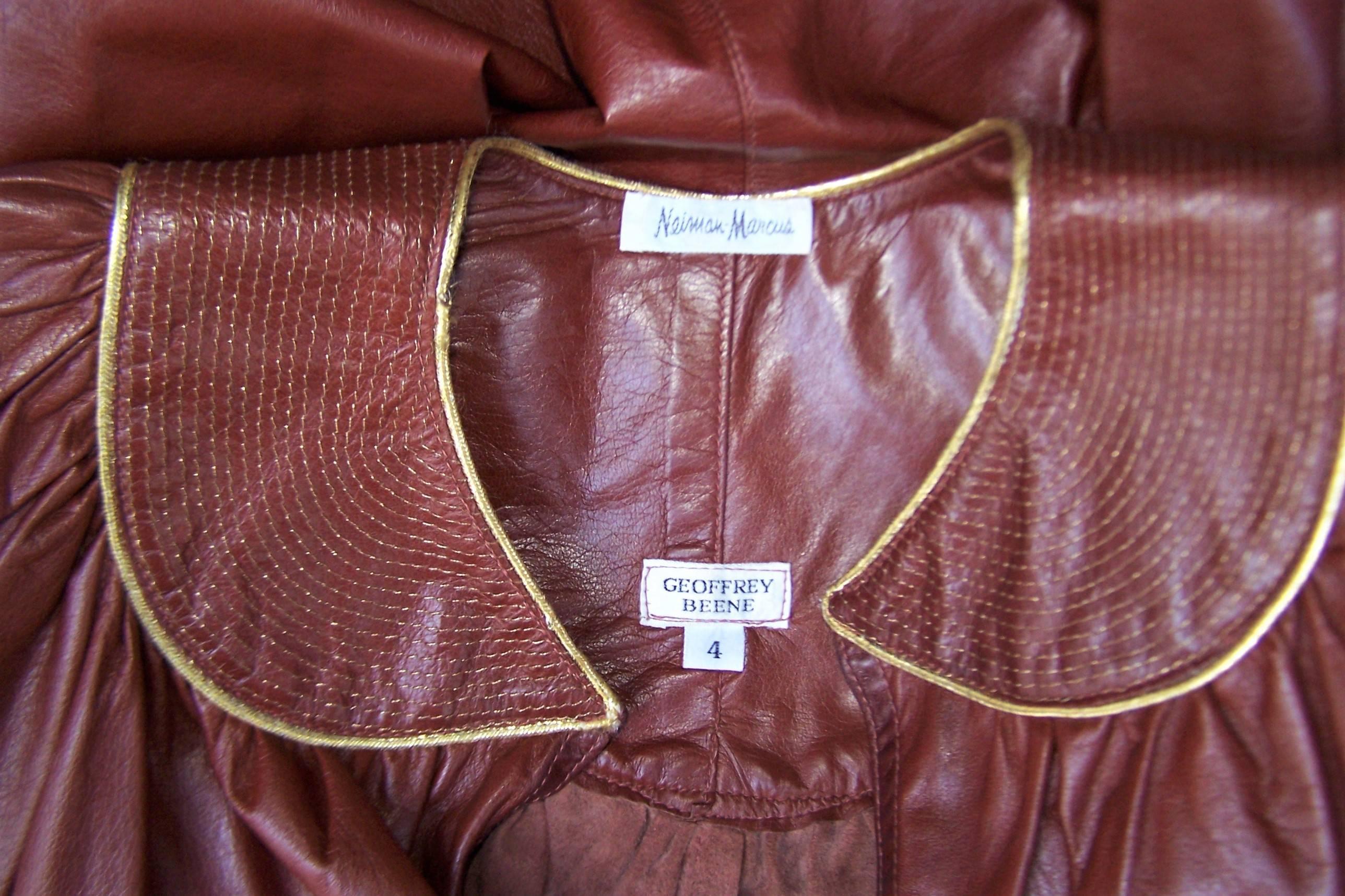 1970's Geoffrey Beene Oxblood Leather Smock Top With Gold Stitching 5