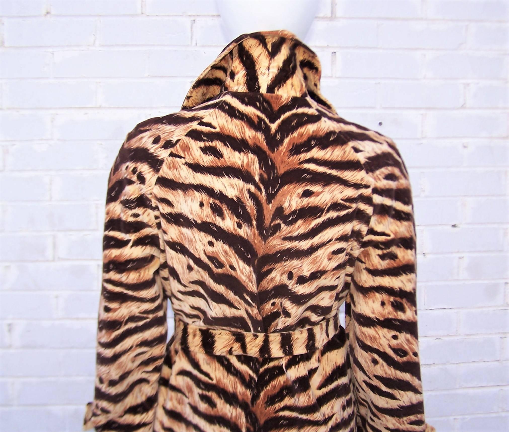 Brown Wild 1970's Count Romi Tiger Print Velveteen Trench Coat