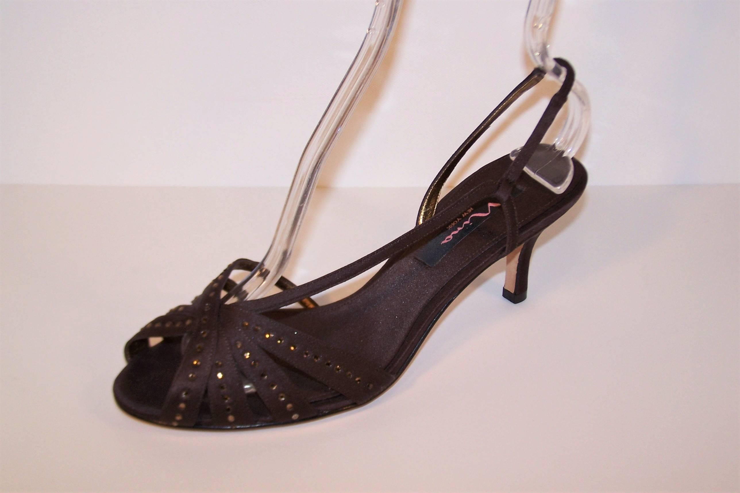 Black Glam C.1980 Nina Chocolate Brown Satin Slingback Sandals