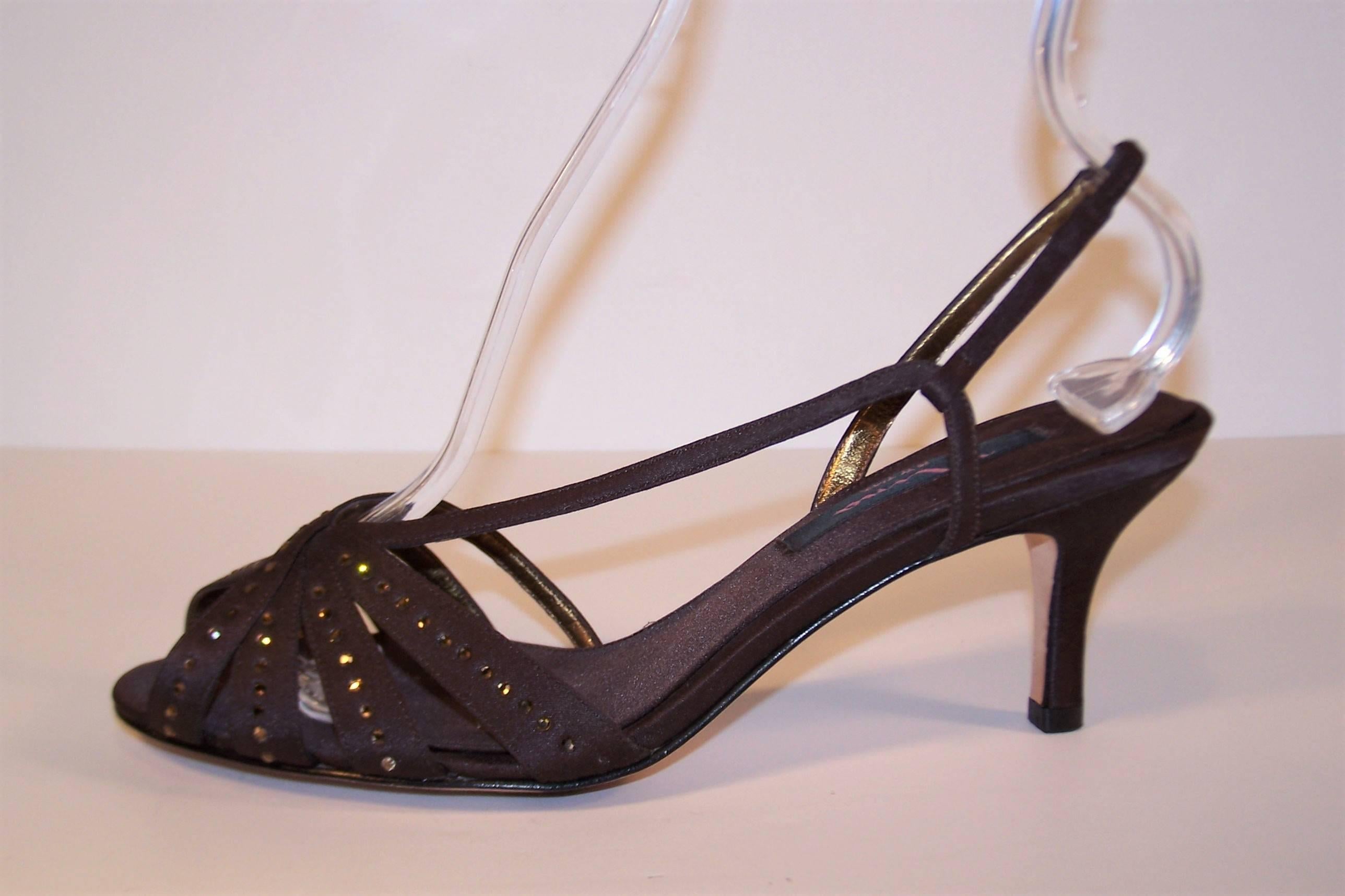 Glam C.1980 Nina Chocolate Brown Satin Slingback Sandals In New Condition In Atlanta, GA