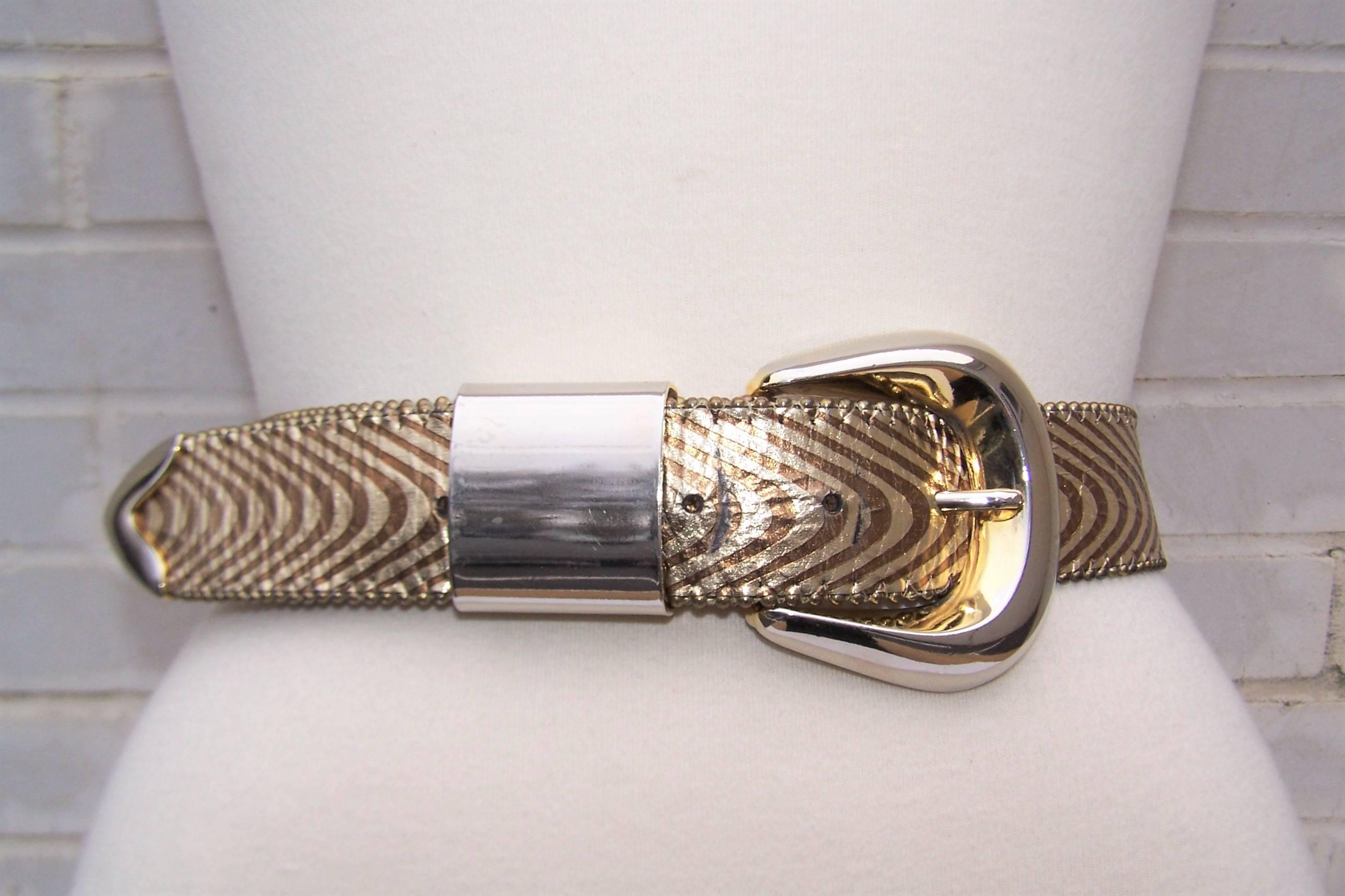 Gray 1980's Op Art Textural Gold Leather Belt 