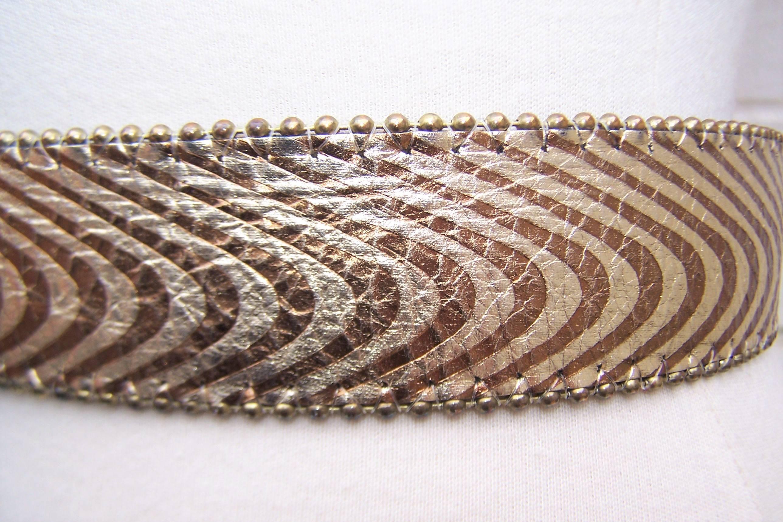 Women's 1980's Op Art Textural Gold Leather Belt 
