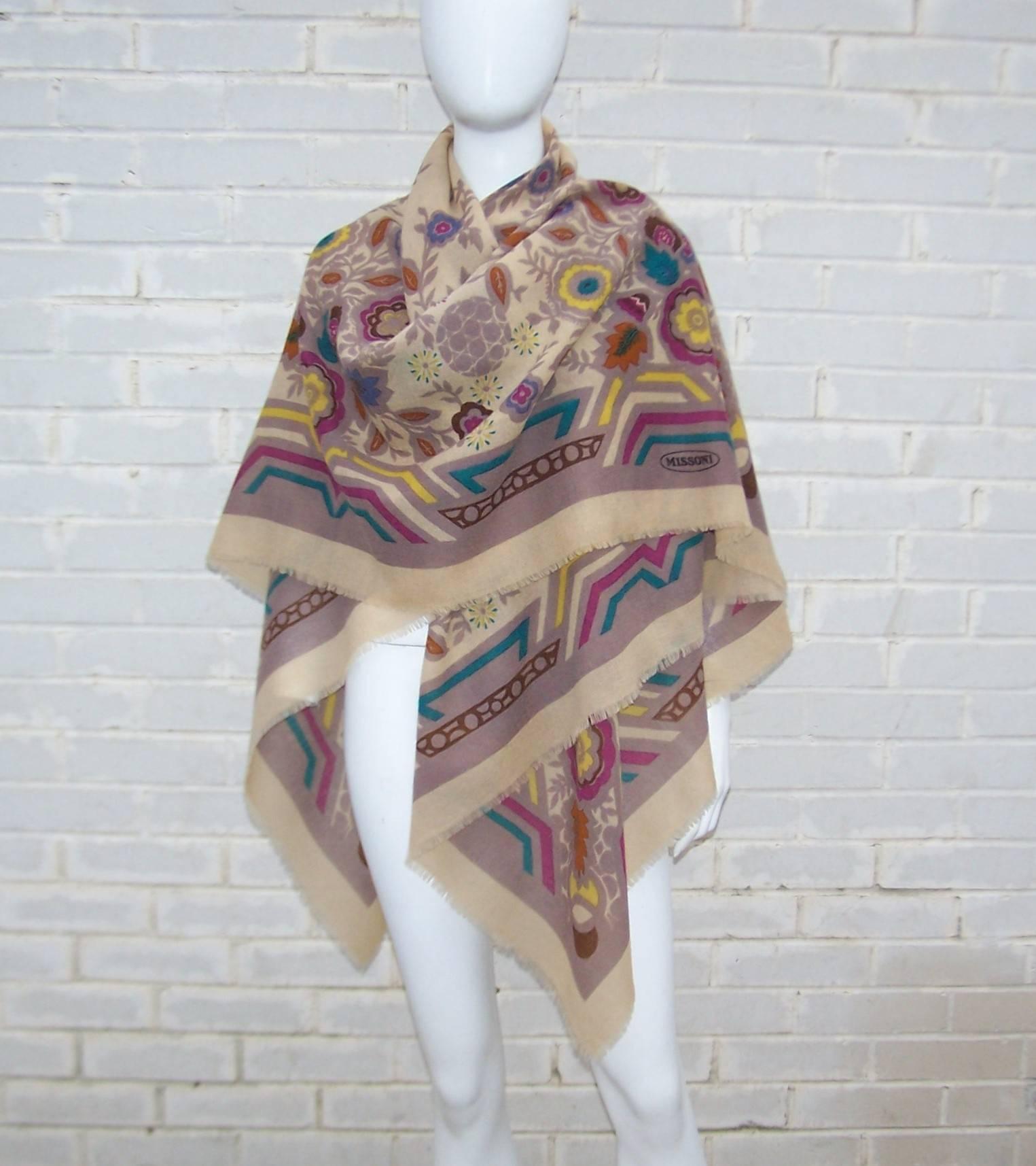 Gorgeous C.1980 Missoni Floral Wool Scarf Shawl Wrap In Excellent Condition In Atlanta, GA