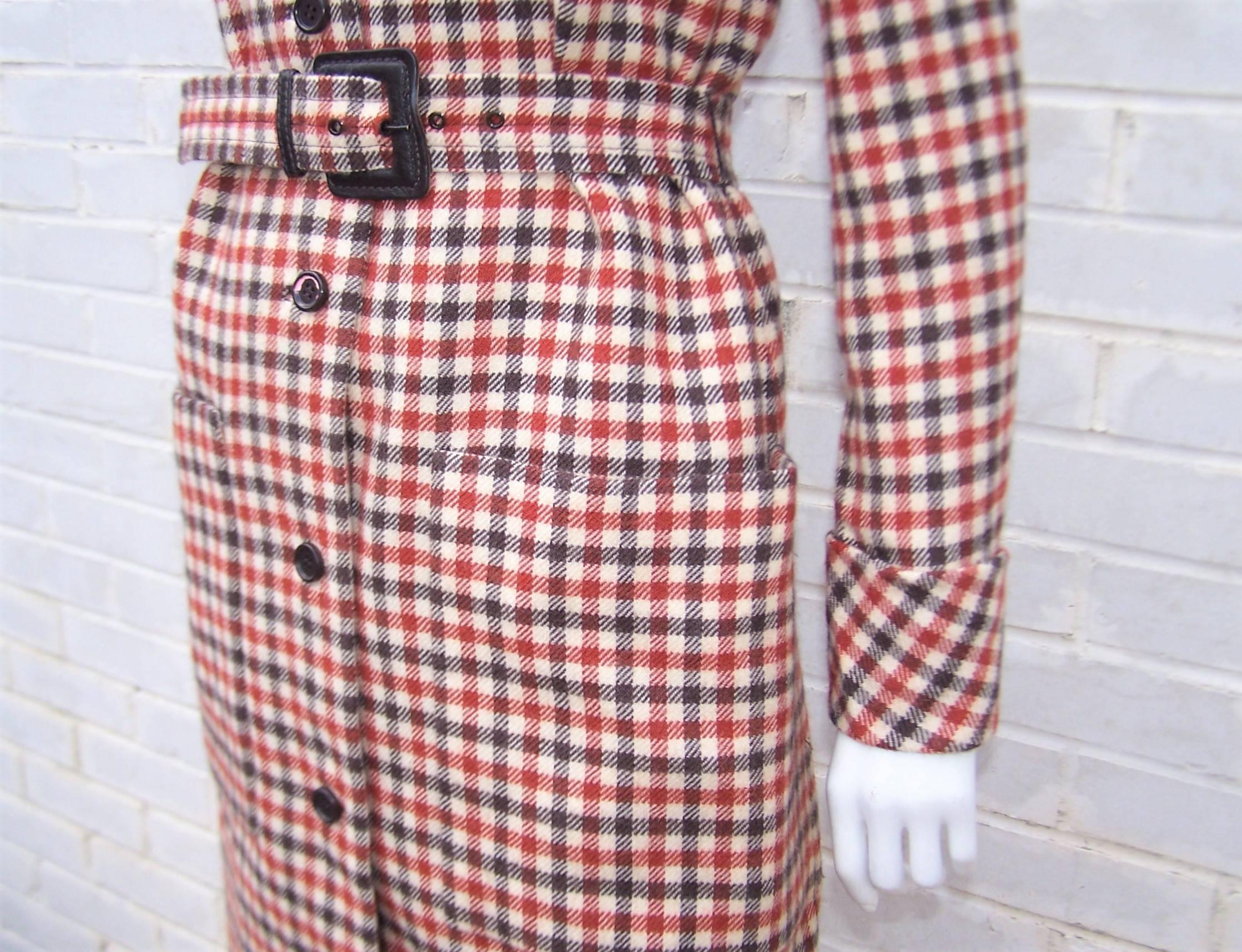 Futuristic 1960's Geoffrey Beene Brown Wool Plaid Coat Dress 2