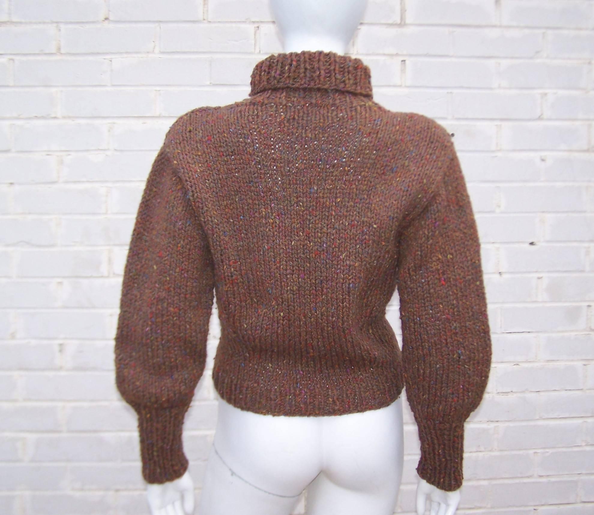 C.1980 Perry Ellis Hand Knitted Brown Tweed Turtleneck Sweater In Excellent Condition In Atlanta, GA