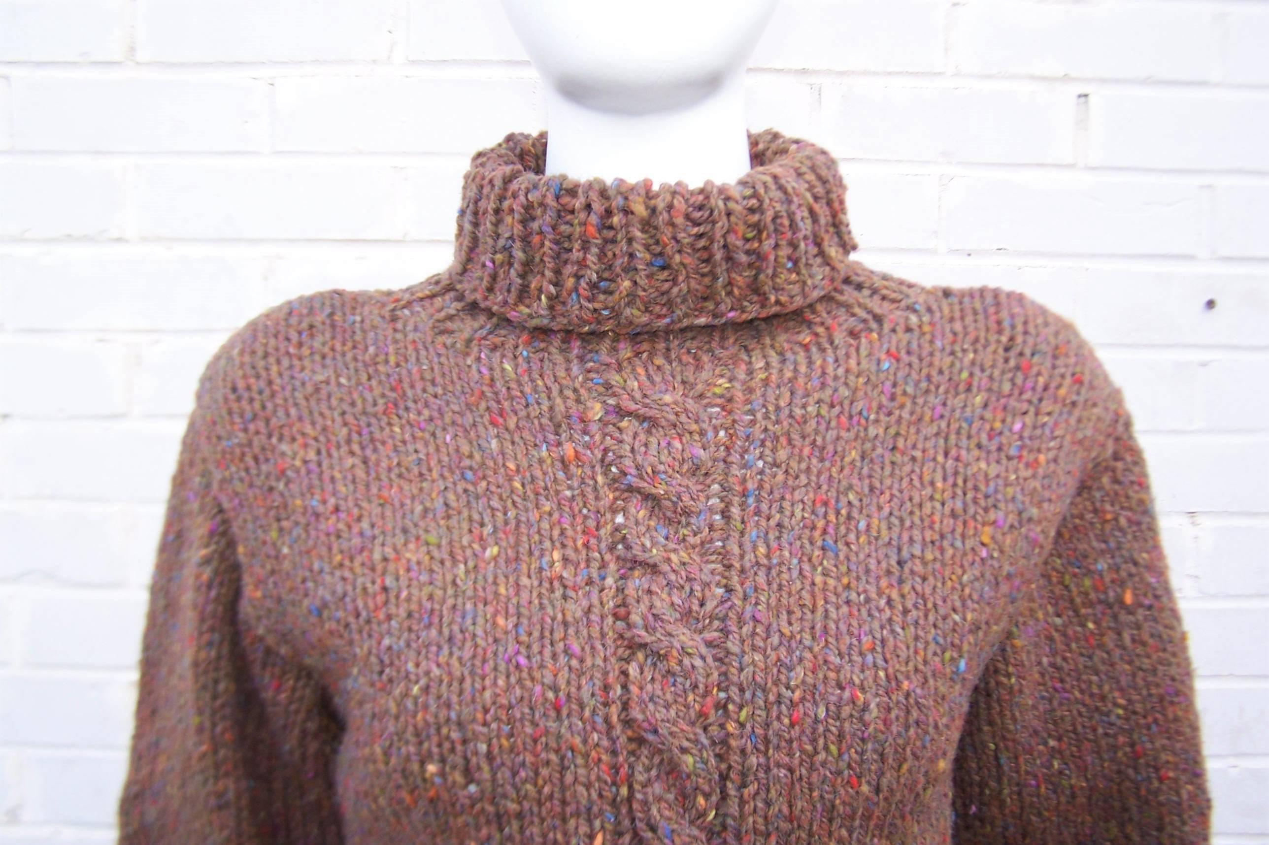 Women's C.1980 Perry Ellis Hand Knitted Brown Tweed Turtleneck Sweater