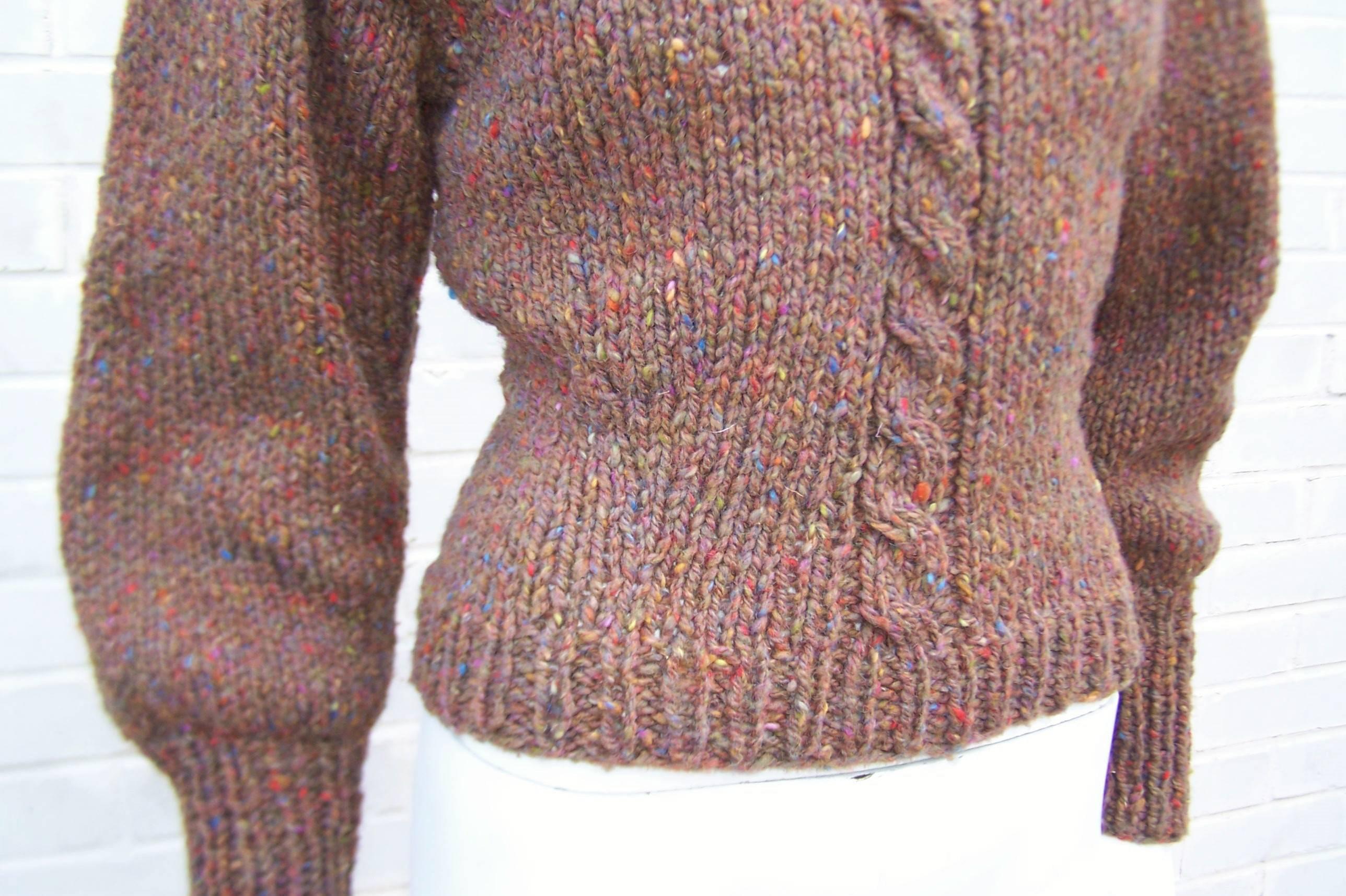 C.1980 Perry Ellis Hand Knitted Brown Tweed Turtleneck Sweater 1