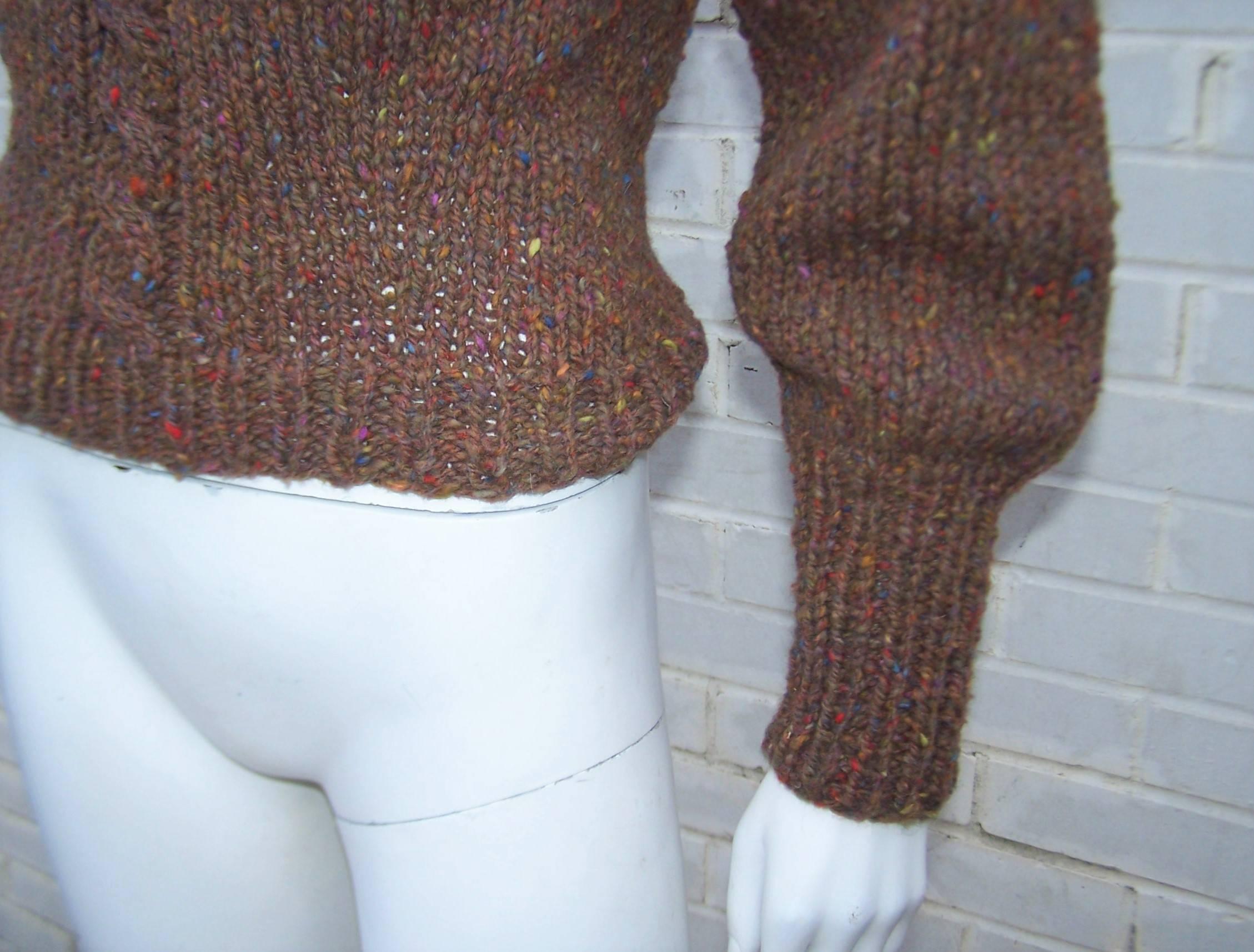 C.1980 Perry Ellis Hand Knitted Brown Tweed Turtleneck Sweater 2