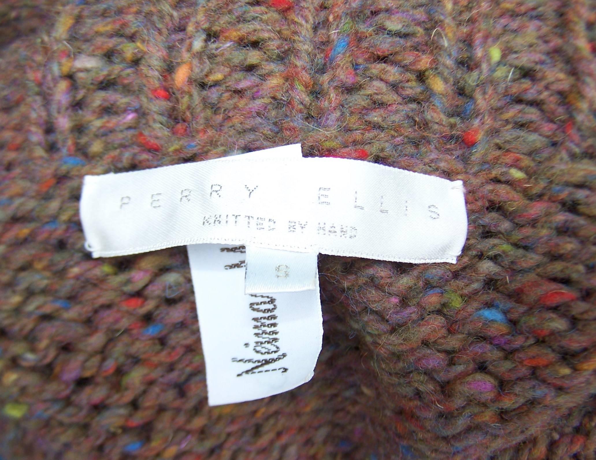C.1980 Perry Ellis Hand Knitted Brown Tweed Turtleneck Sweater 4