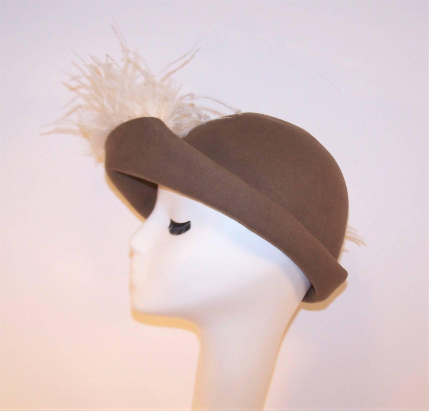 Beige Dandified 1970's Italian Taupe Wool Cavalier Hat With Ostrich Plumes