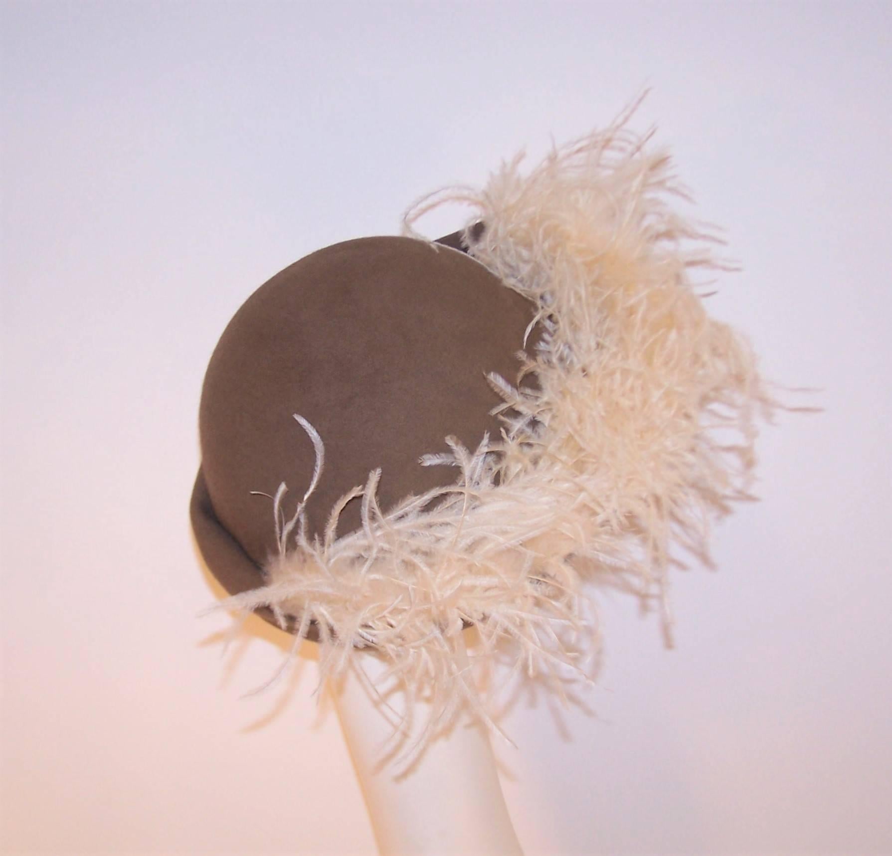 Women's Dandified 1970's Italian Taupe Wool Cavalier Hat With Ostrich Plumes