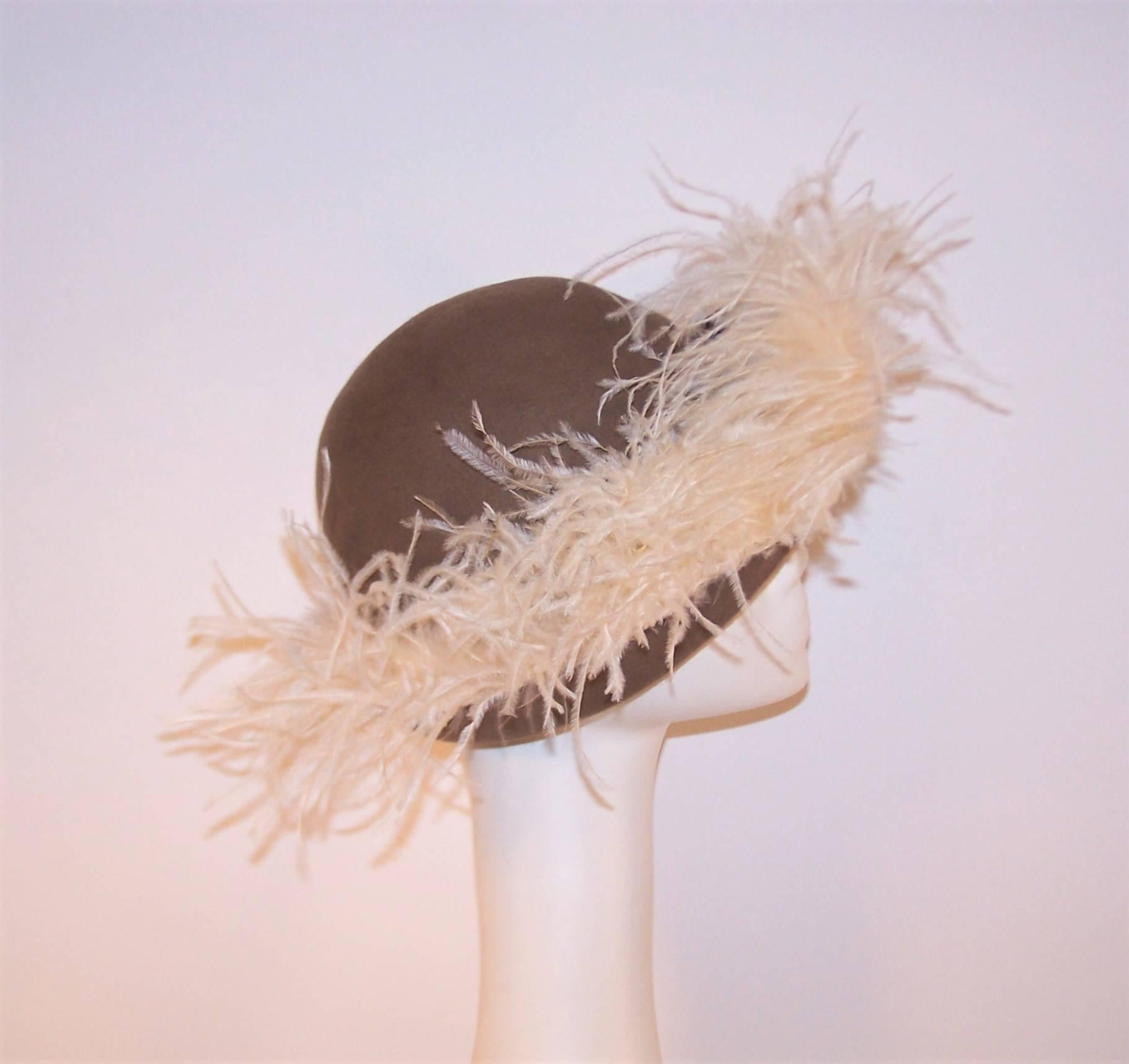 Dandified 1970's Italian Taupe Wool Cavalier Hat With Ostrich Plumes 1