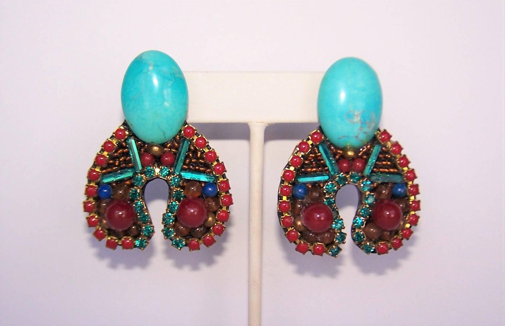 Modernist 1980's M & J Hansen Rhinestone & Glass Turquoise Beaded Clip On Earrings