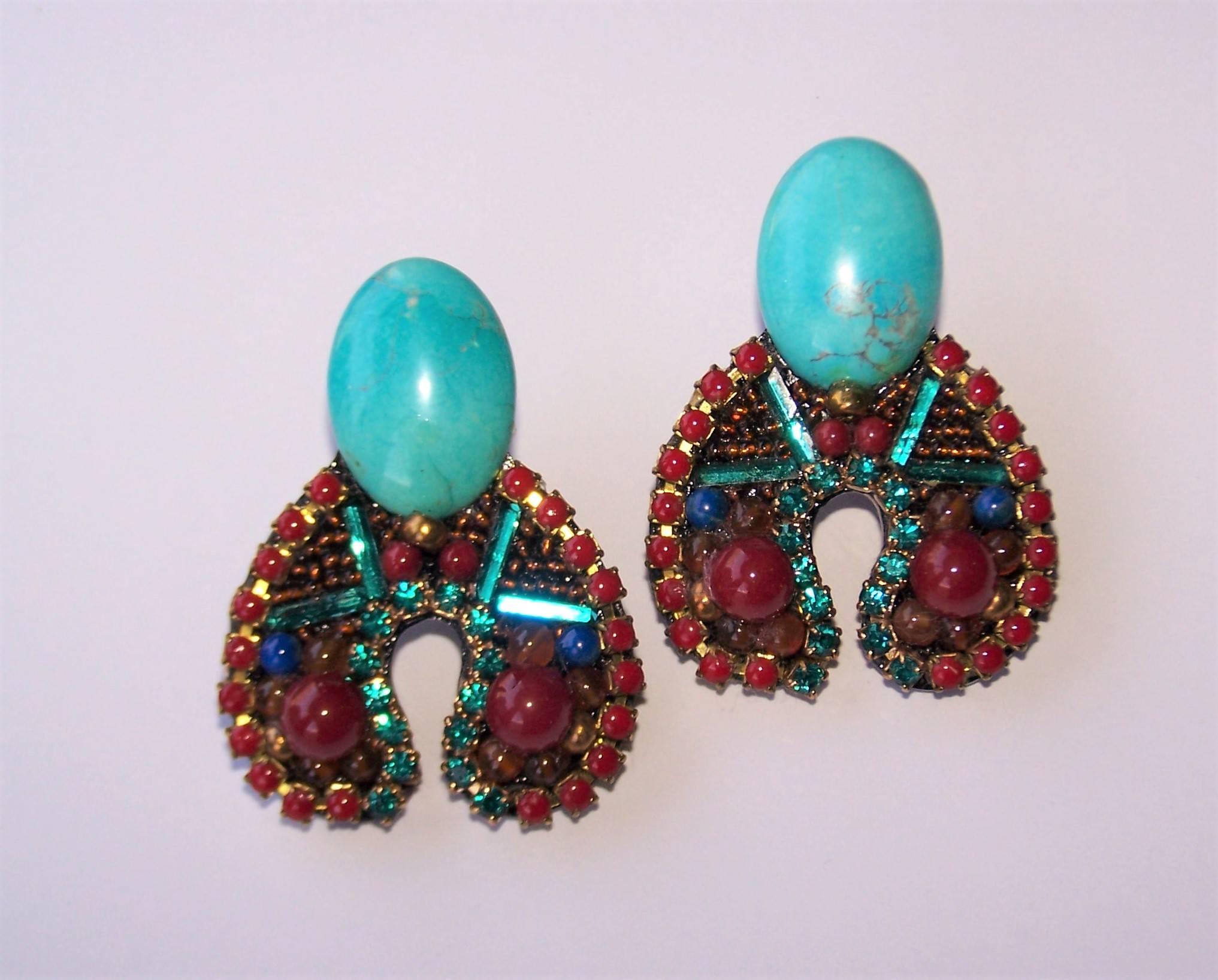 1980's M & J Hansen Rhinestone & Glass Turquoise Beaded Clip On Earrings In Excellent Condition In Atlanta, GA