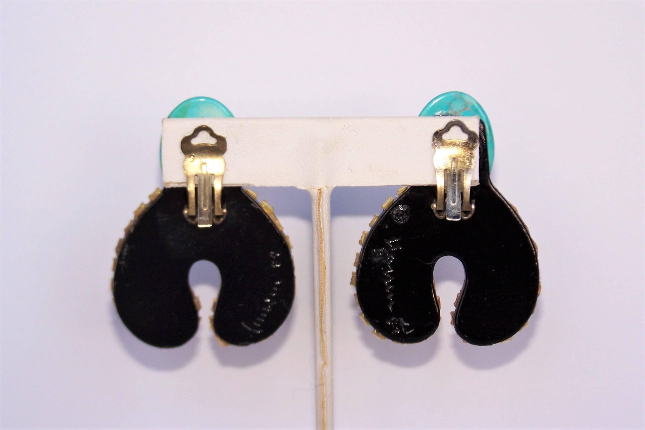 Women's 1980's M & J Hansen Rhinestone & Glass Turquoise Beaded Clip On Earrings