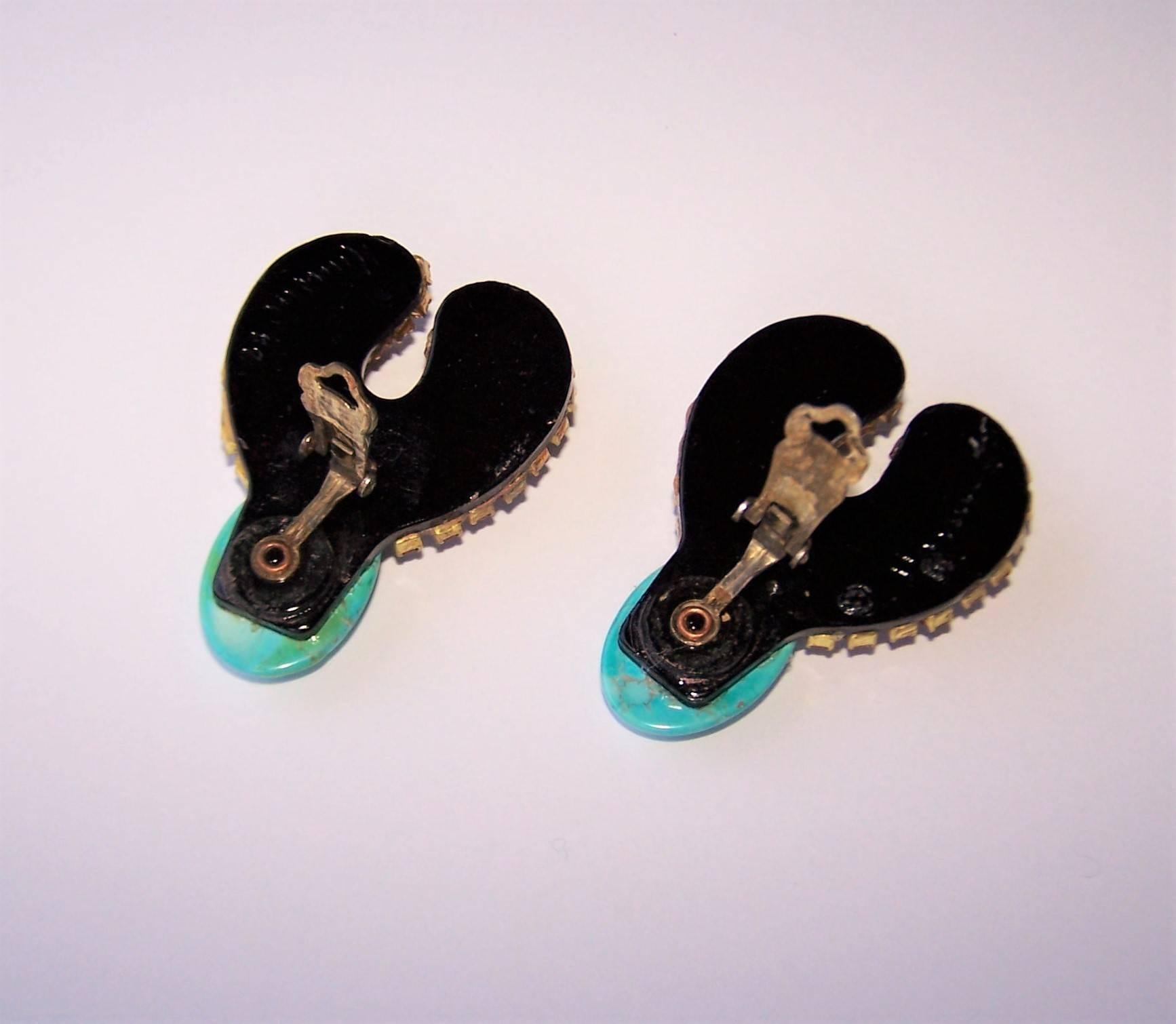 1980's M & J Hansen Rhinestone & Glass Turquoise Beaded Clip On Earrings 1
