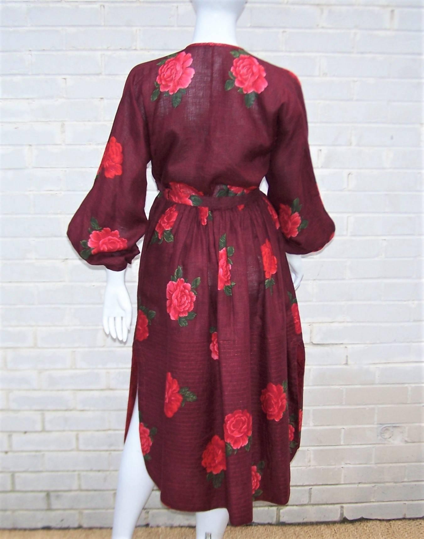Brown 1970's Geoffrey Beene Linen Skirt Set With Red Lace & Roses