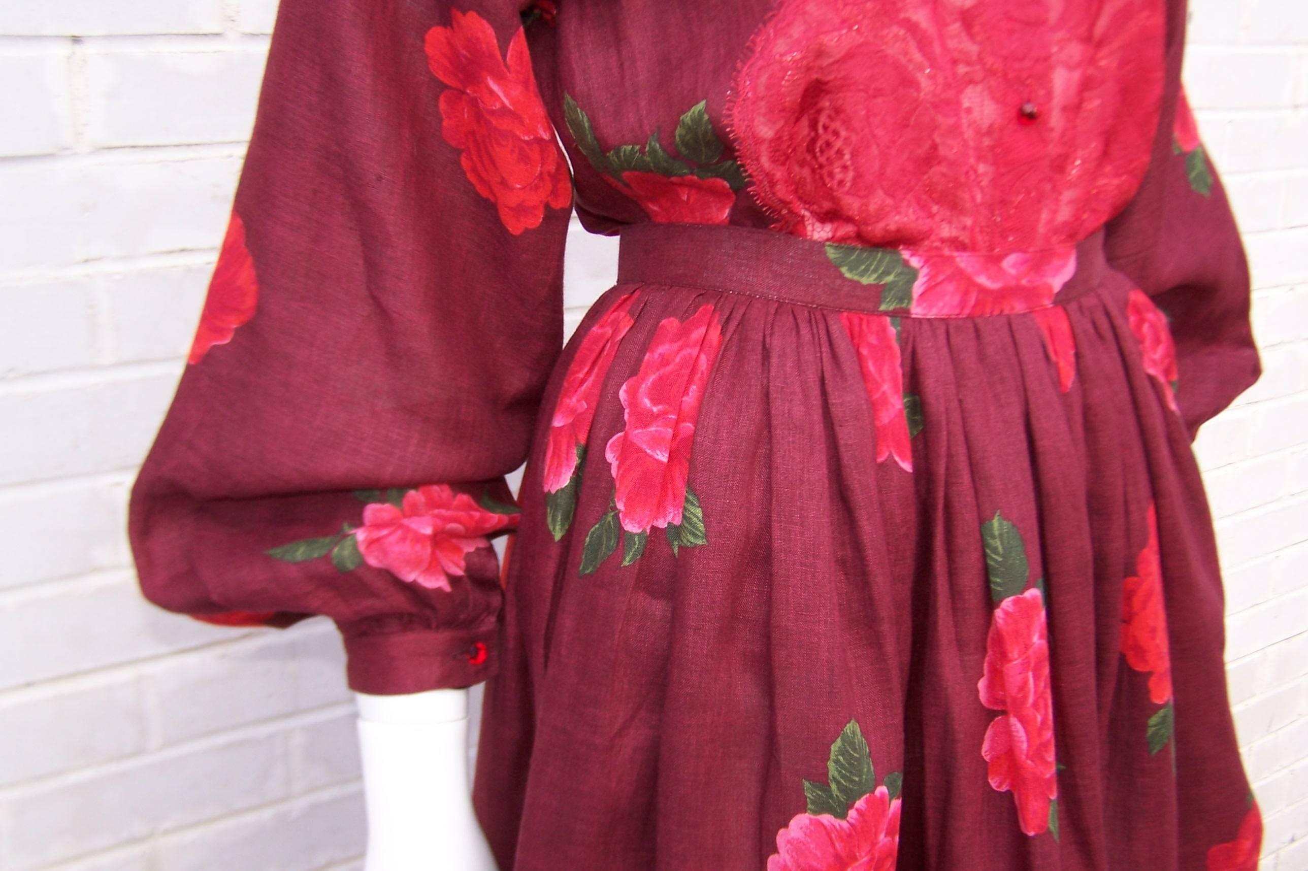 1970's Geoffrey Beene Linen Skirt Set With Red Lace & Roses 1