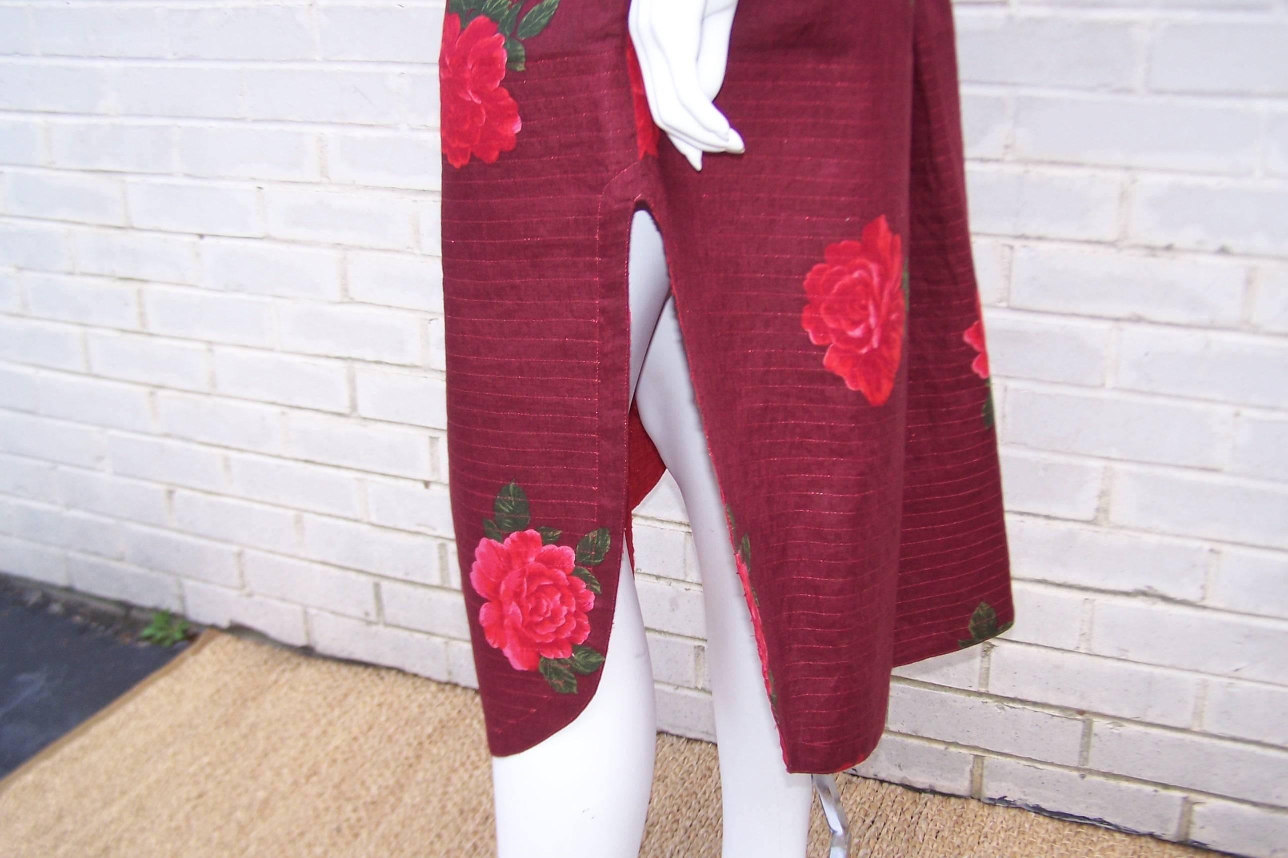 1970's Geoffrey Beene Linen Skirt Set With Red Lace & Roses 2