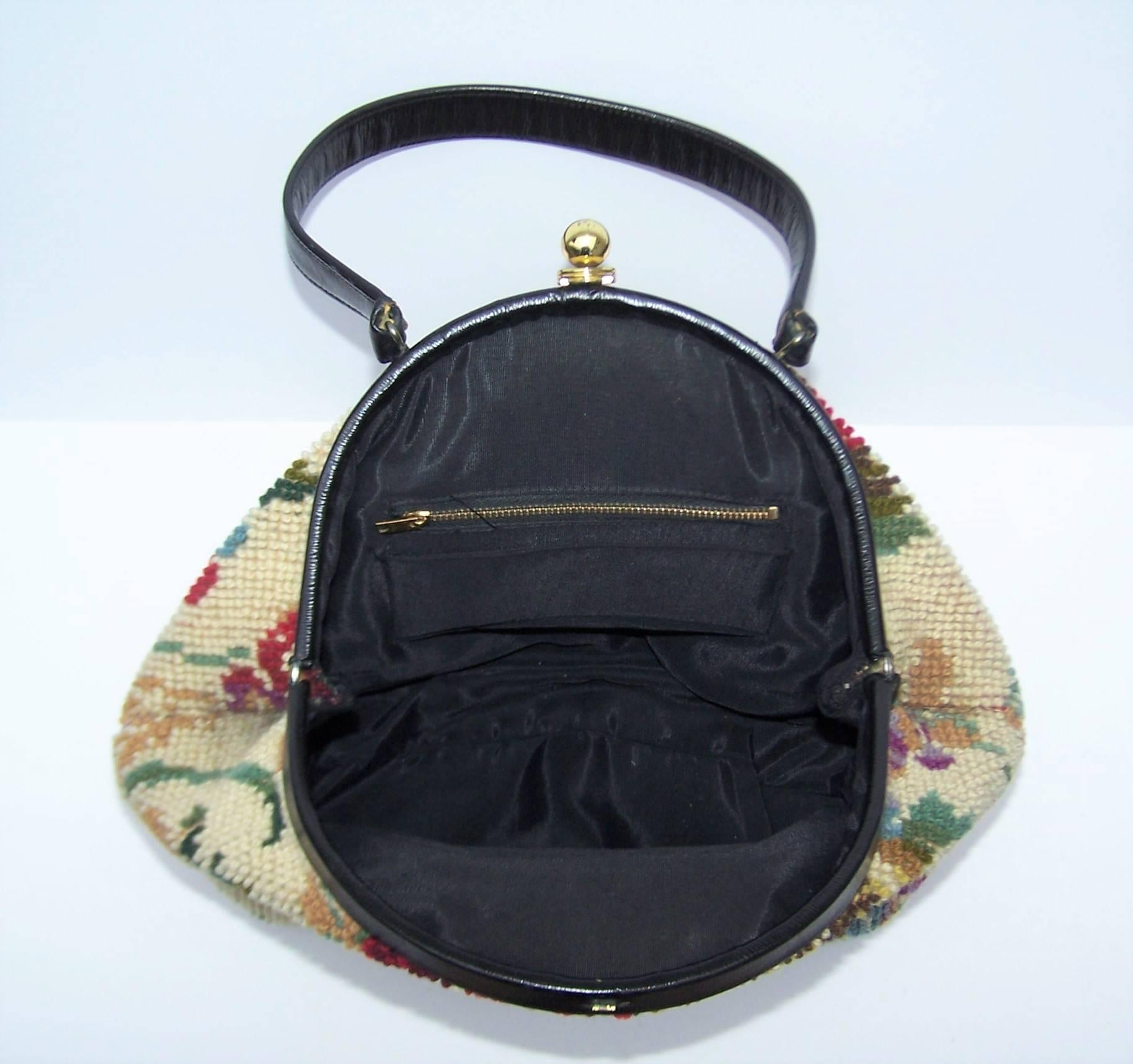 Rose Covered C.1960 Jana Carpetbag Handbag With Black Leather Handle  In Good Condition In Atlanta, GA