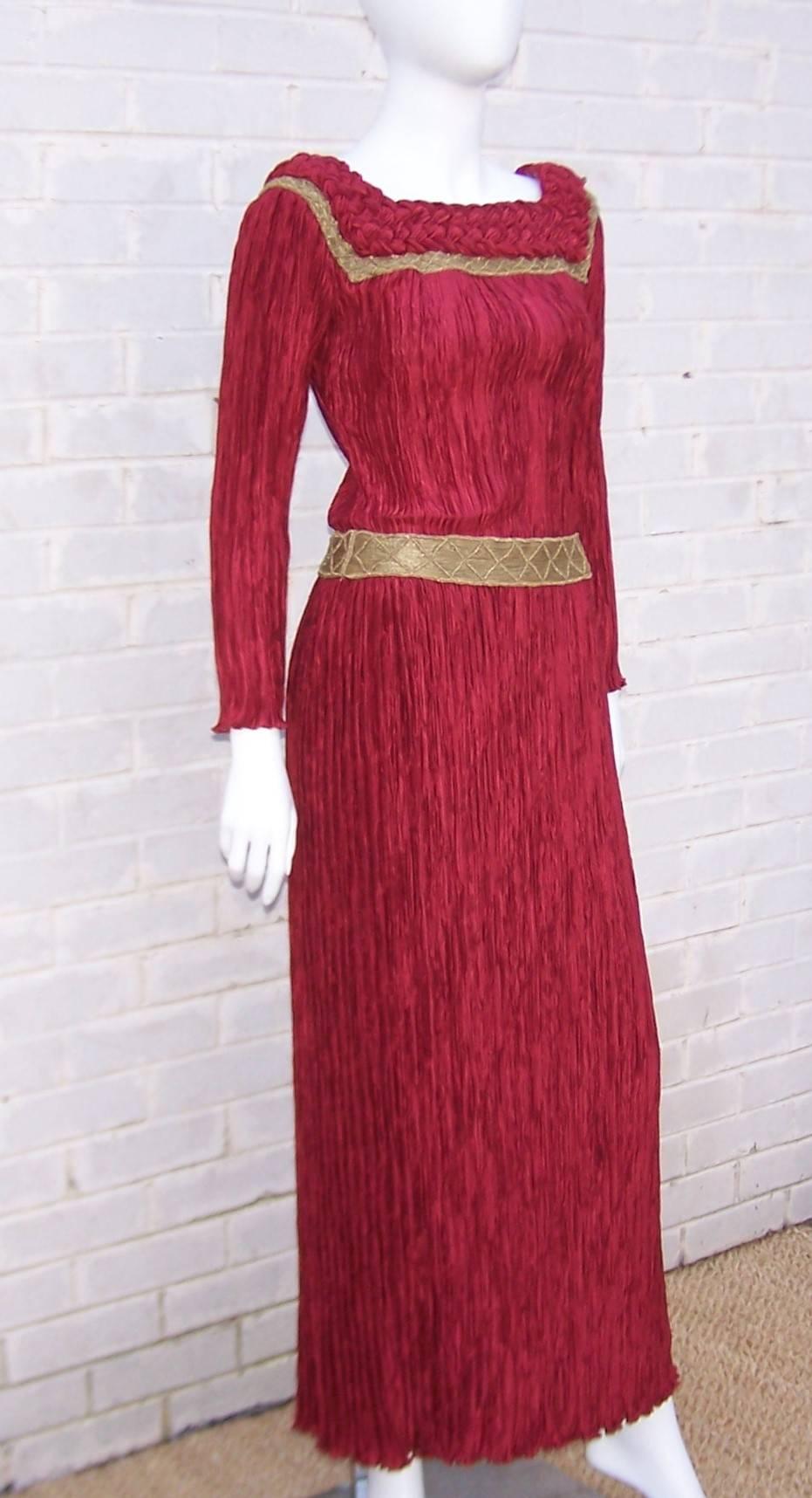 Stunning 1970's Mary McFadden Burgundy Red & Gold Evening Dress  In Excellent Condition In Atlanta, GA