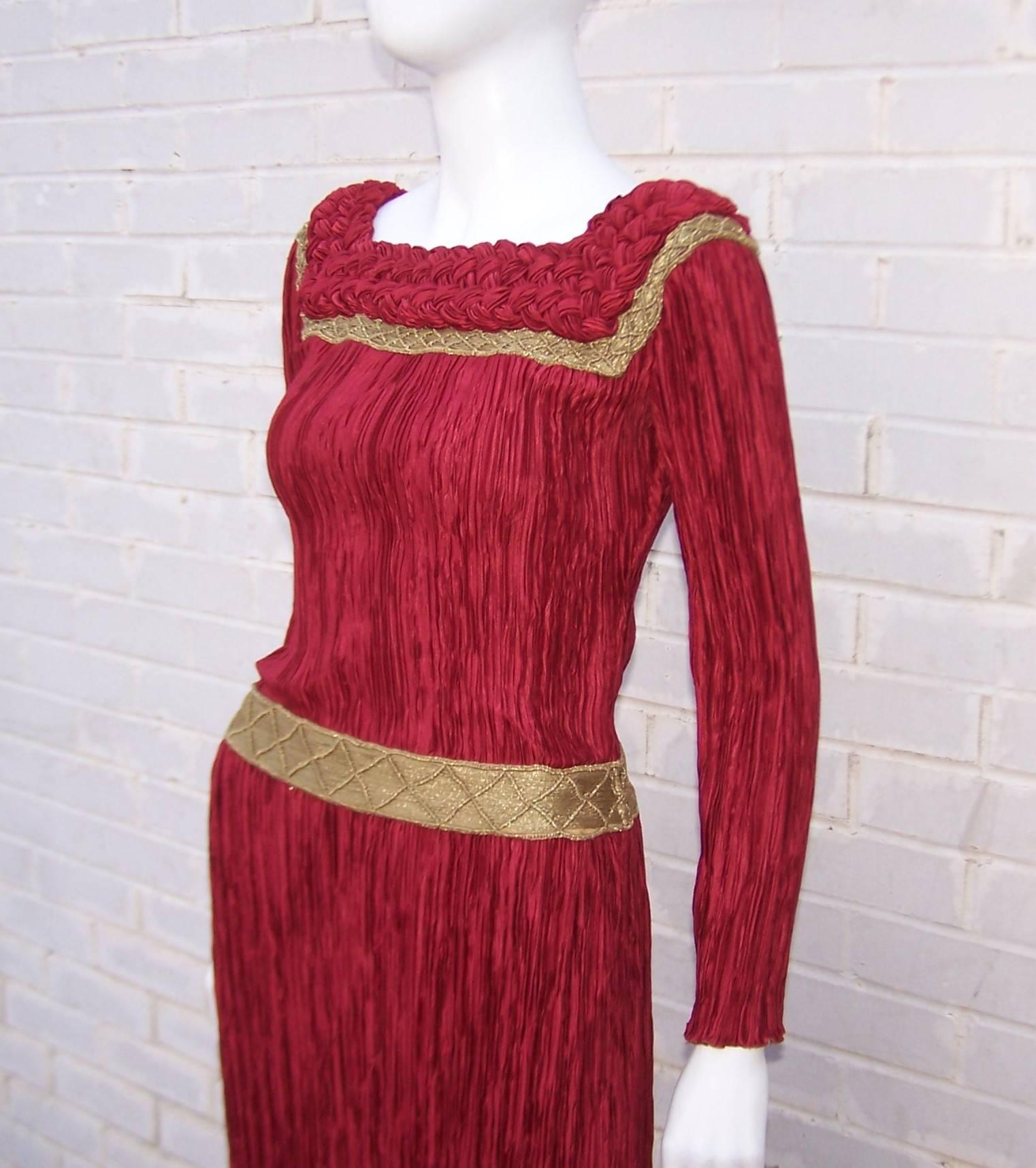 Women's Stunning 1970's Mary McFadden Burgundy Red & Gold Evening Dress 