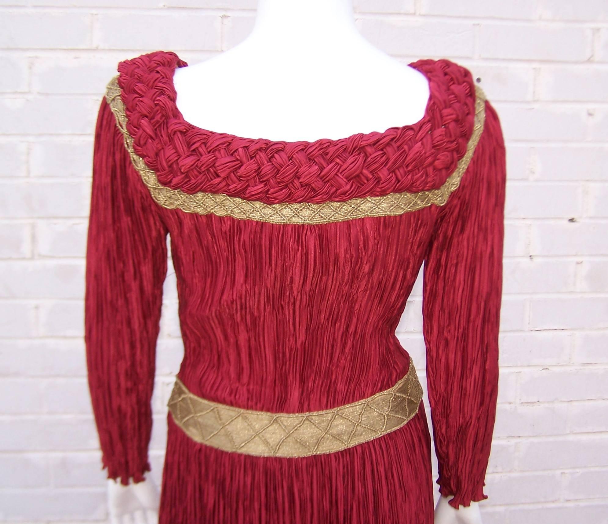 Stunning 1970's Mary McFadden Burgundy Red & Gold Evening Dress  2