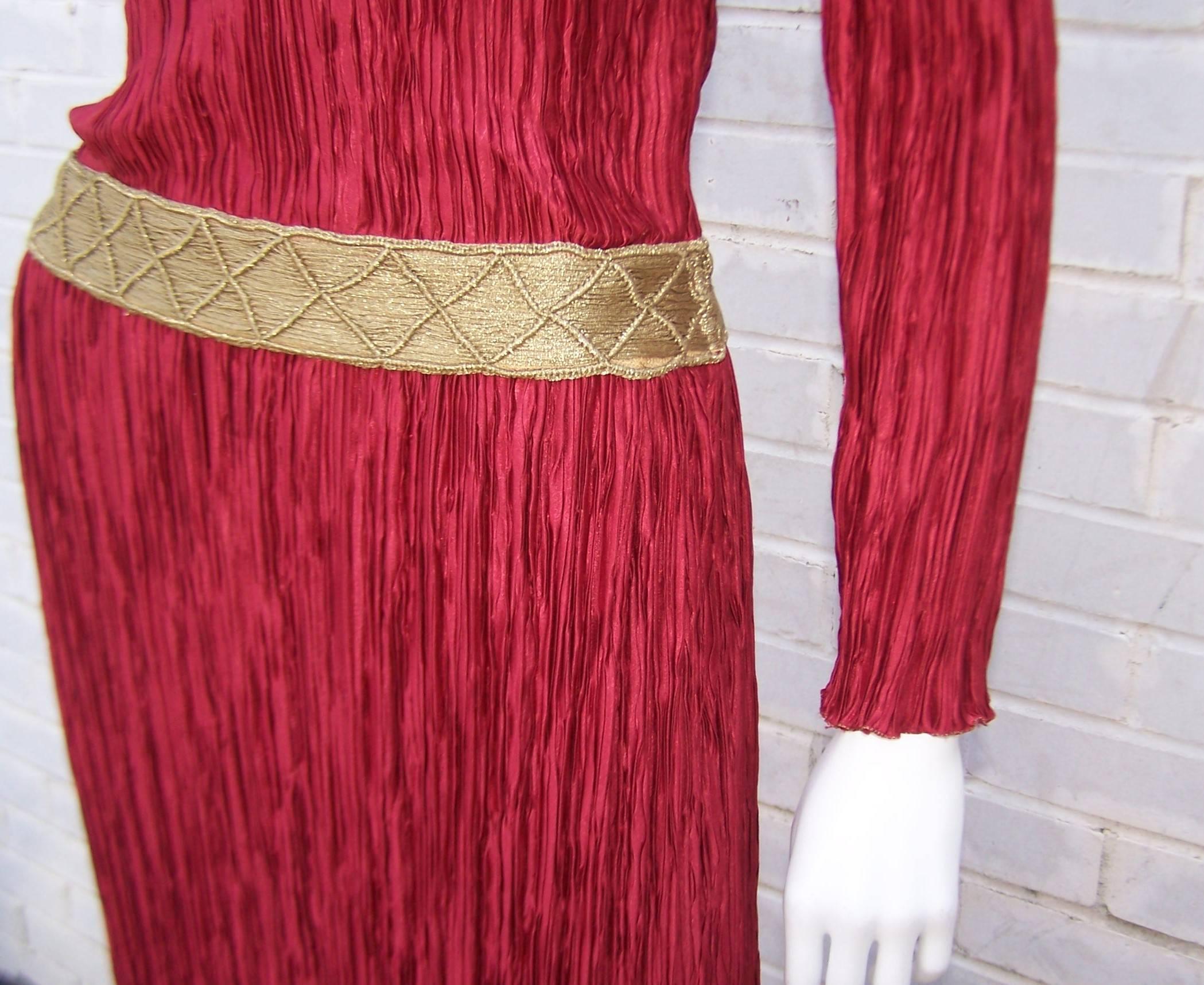 Stunning 1970's Mary McFadden Burgundy Red & Gold Evening Dress  5