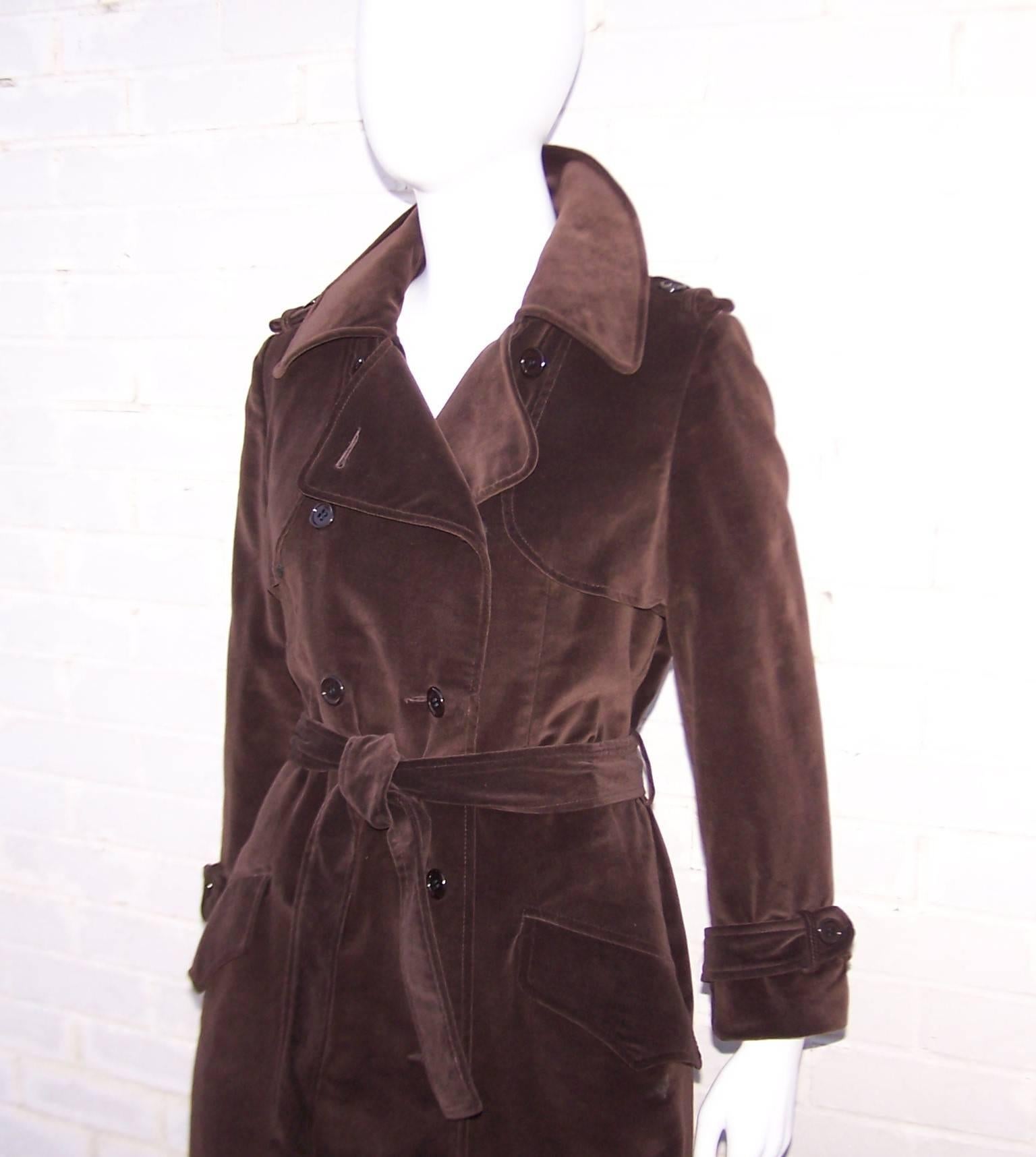 Black Dramatic 1970's Clavin Klein Brown Velvet Maxi Length Trench Coat