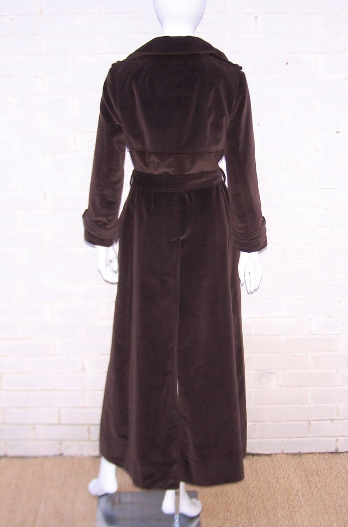Women's Dramatic 1970's Clavin Klein Brown Velvet Maxi Length Trench Coat