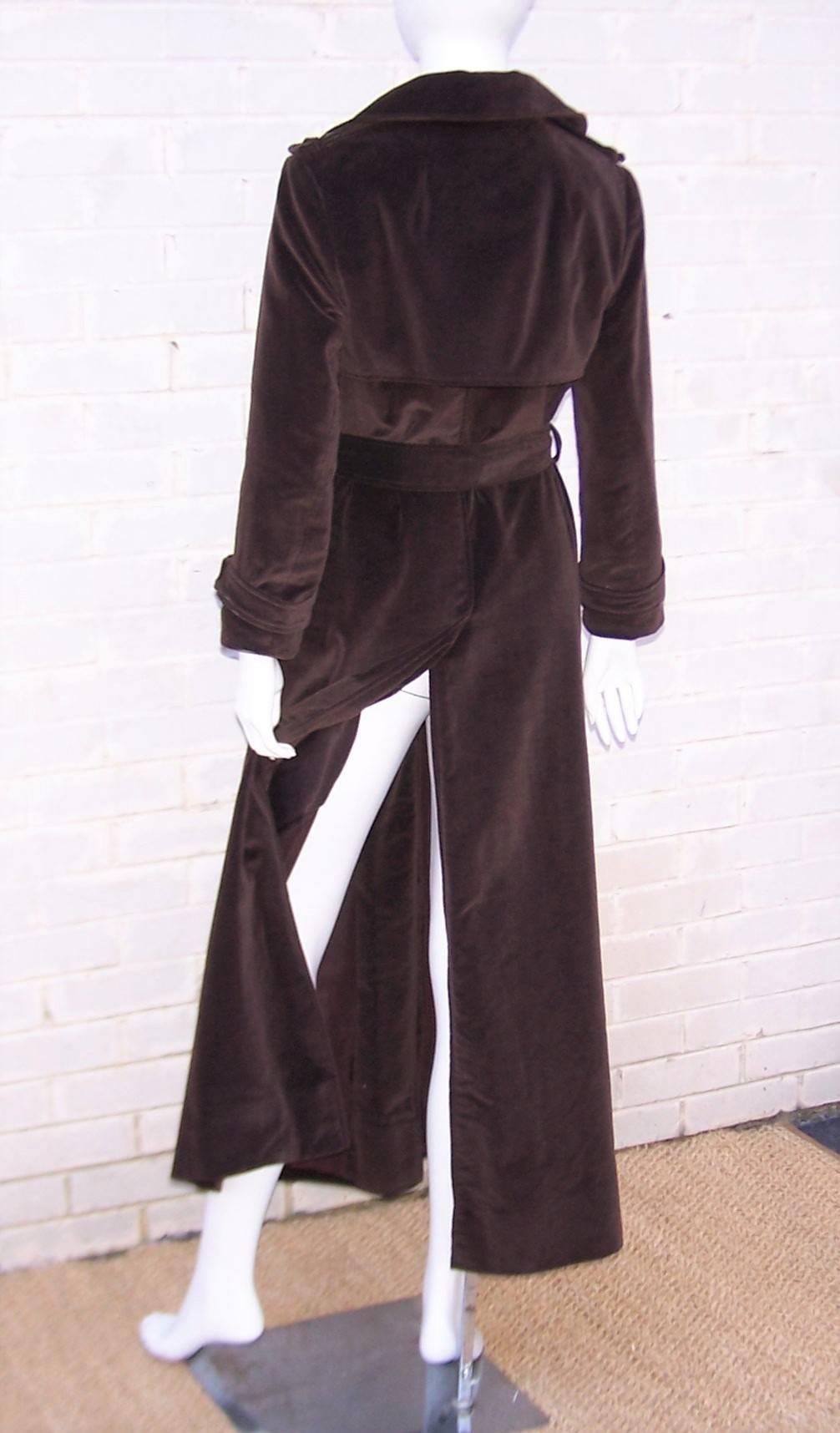 Dramatic 1970's Clavin Klein Brown Velvet Maxi Length Trench Coat 1