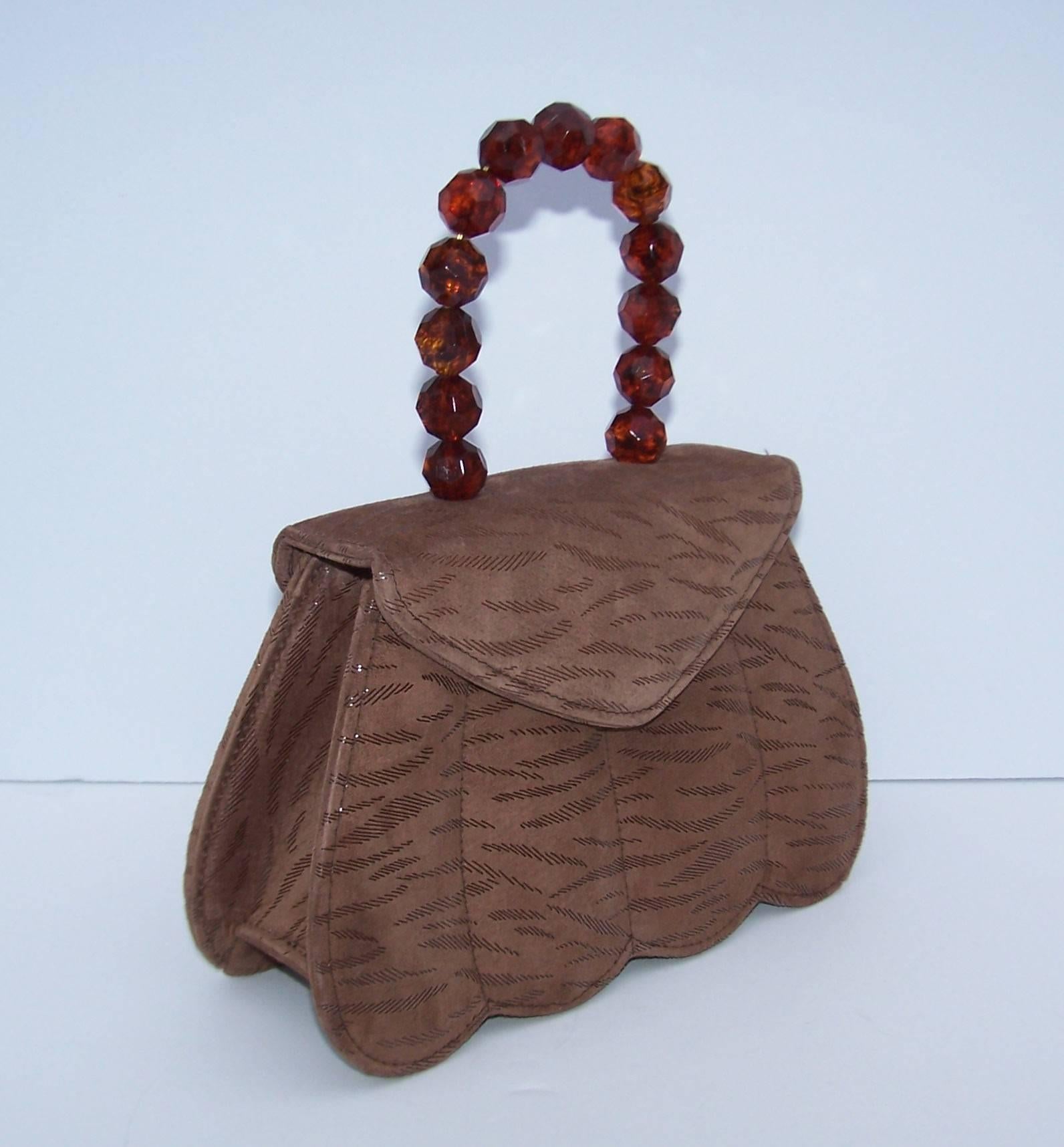 Brown C.1990 Michelle LaLonde Suede Leather Handbag With Tortoise Plastic Handle