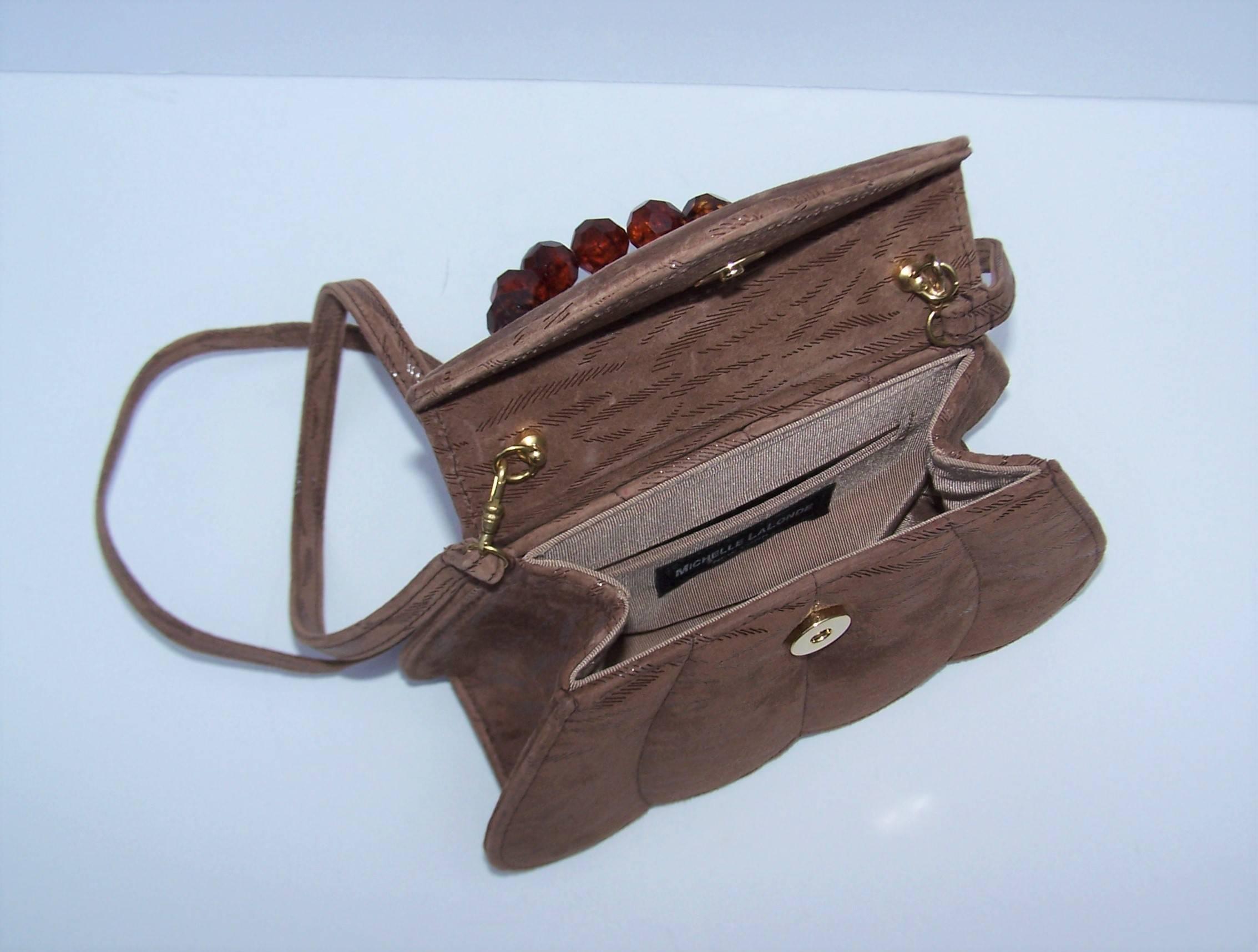 C.1990 Michelle LaLonde Suede Leather Handbag With Tortoise Plastic Handle 2
