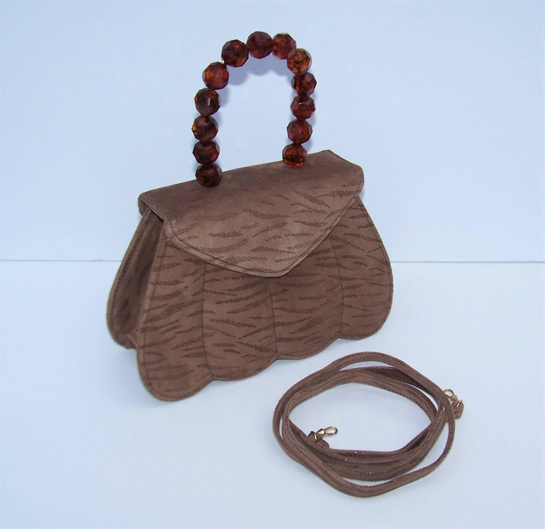 C.1990 Michelle LaLonde Suede Leather Handbag With Tortoise Plastic Handle 3