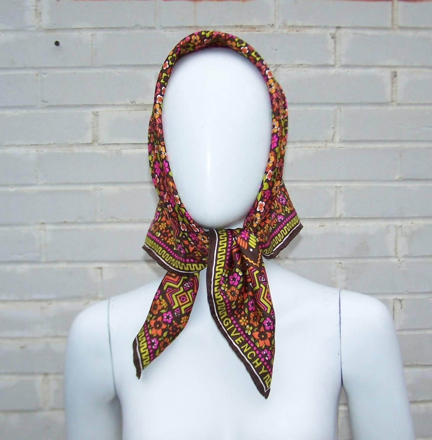 Brown Mod & Colorful C.1970 Givenchy Silk Scarf