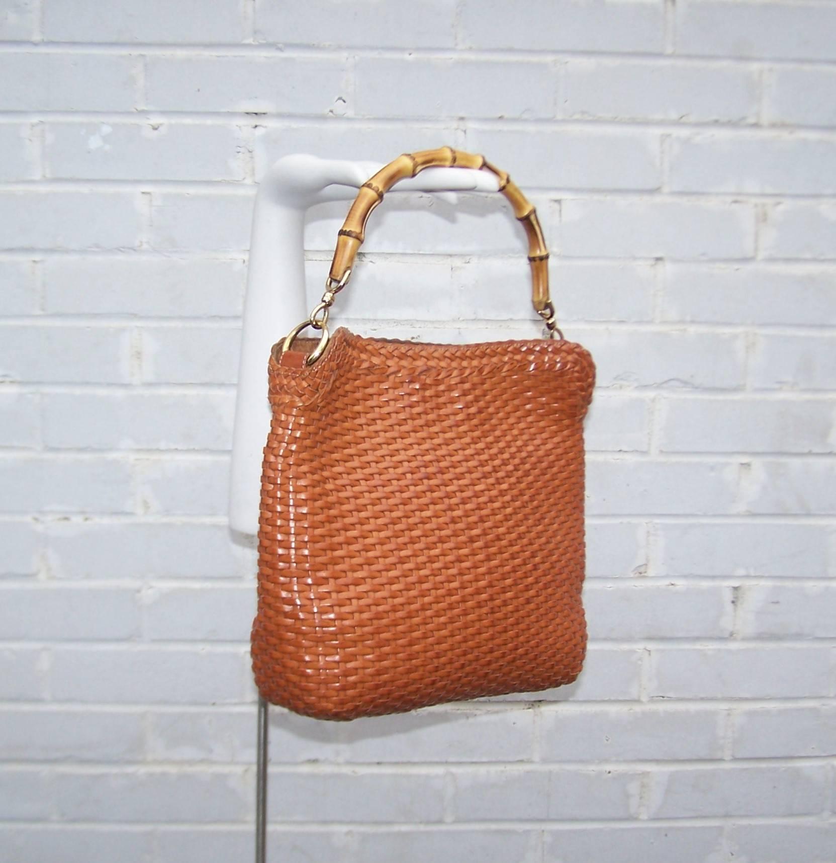 Women's C.1990 Gucci Cognac Woven Leather Handbag With Bamboo Handle