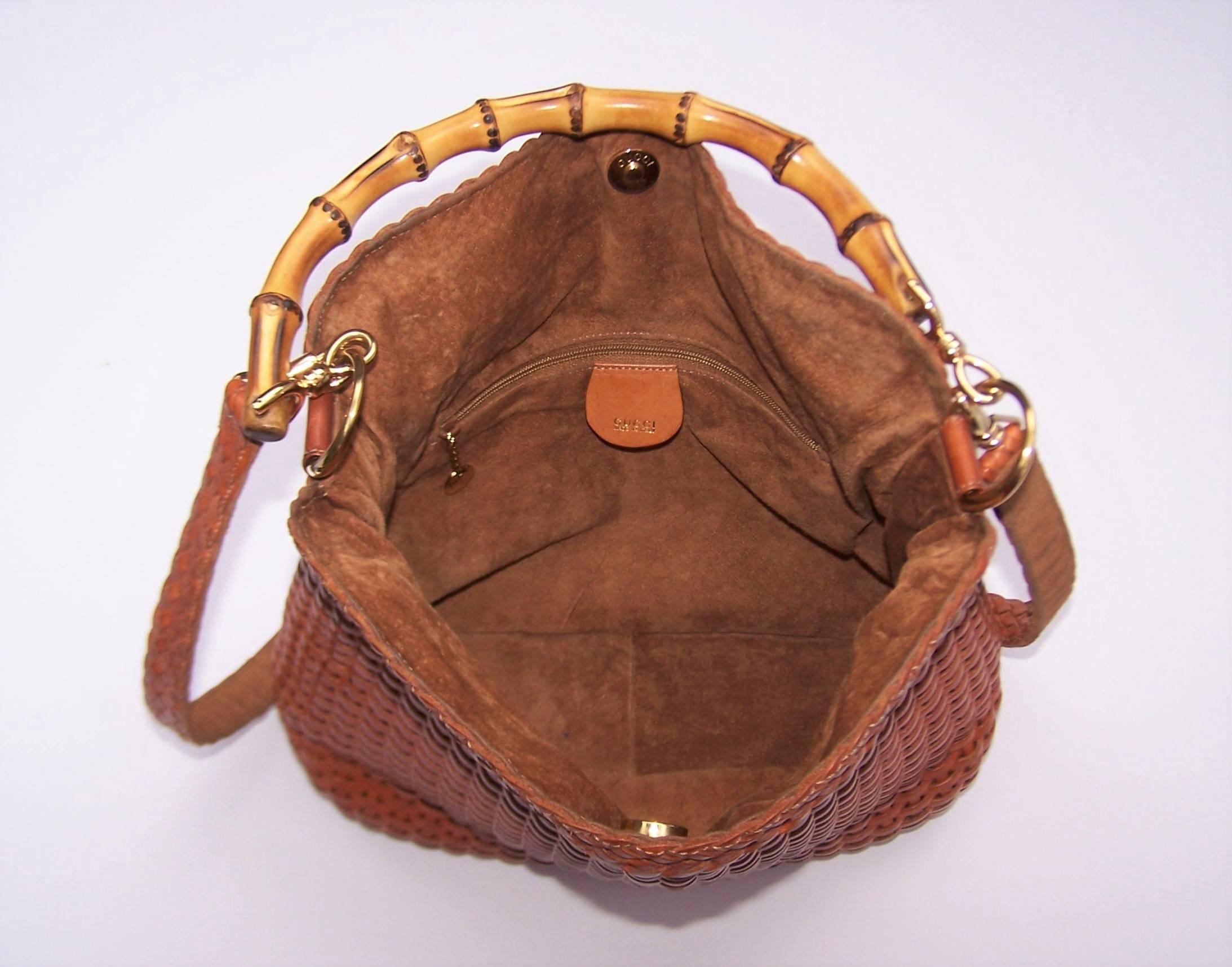 C.1990 Gucci Cognac Woven Leather Handbag With Bamboo Handle 1