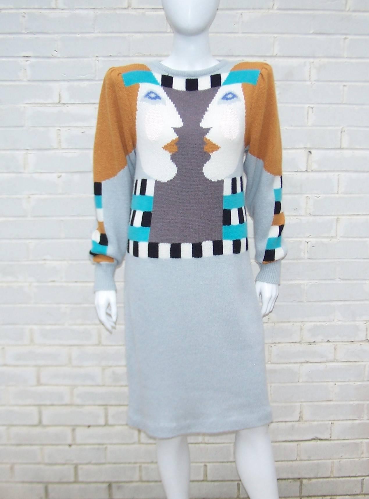 Bob Mackie is undeniably a genius at creating a dramatic effect whether it is a red carpet gown or a comfortable sweater dress.  This adorable piece of wearable pop art is a cozy blend of lambswool, acrylic and angora.  The pull over construction is