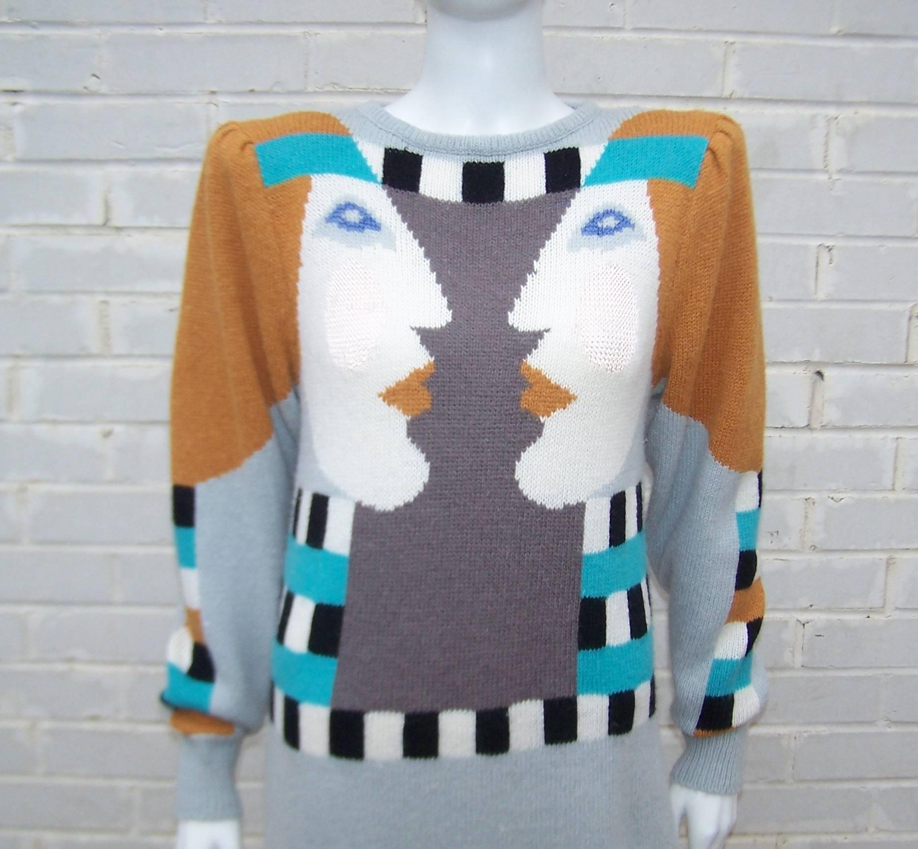 Gray Whimsical 1980's Bob Mackie Pop Art Sweater Dress