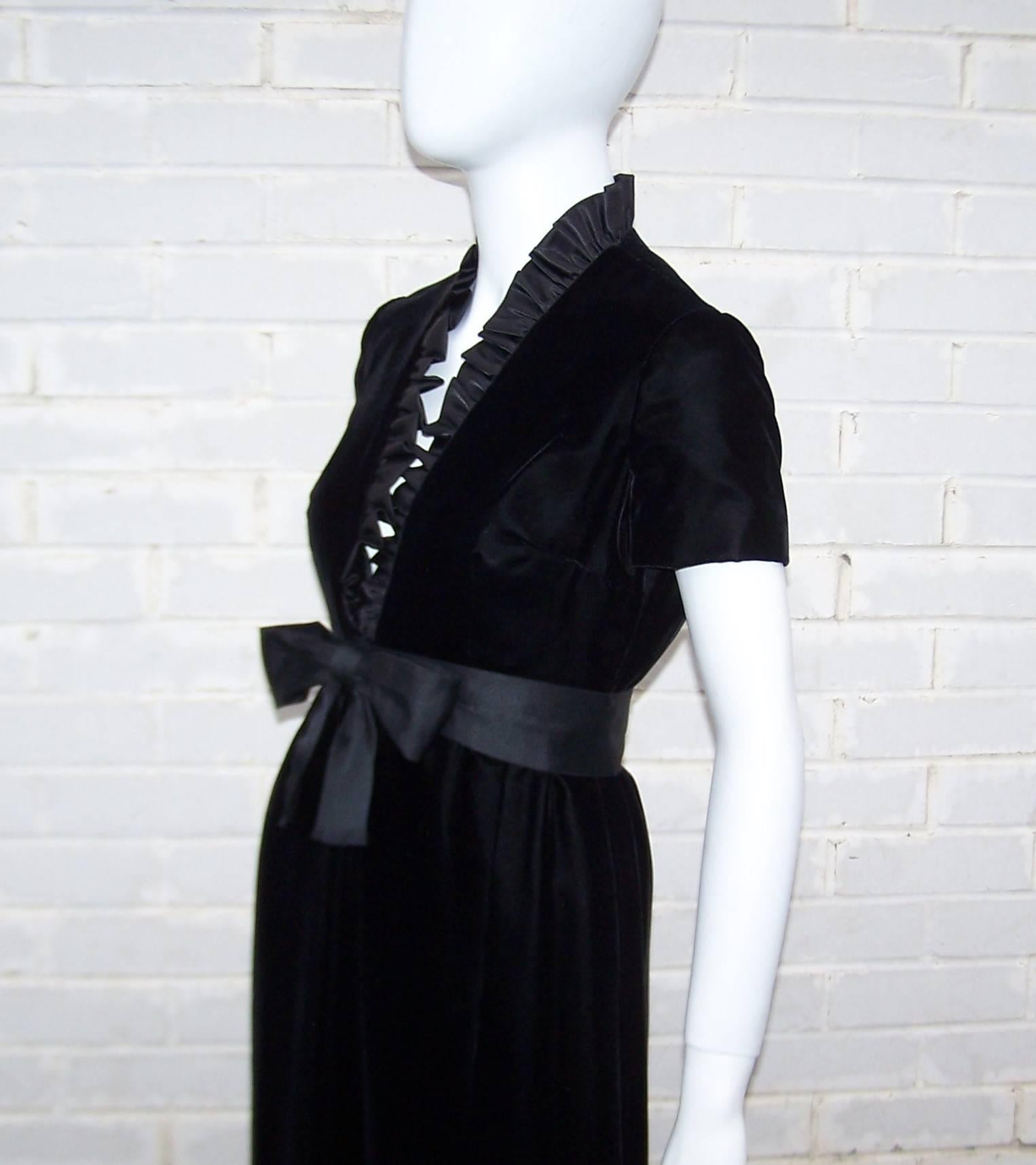 Women's C.1970 Saks Fifth Avenue Black Velvet Maxi Dress With Plunging Neckline