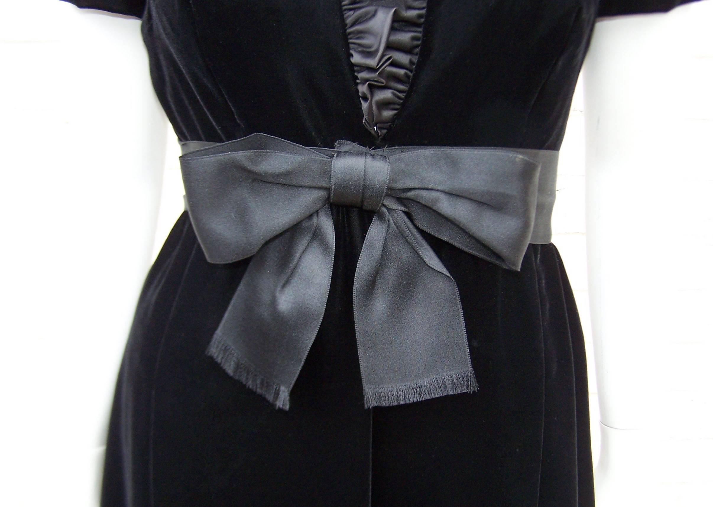 C.1970 Saks Fifth Avenue Black Velvet Maxi Dress With Plunging Neckline 1
