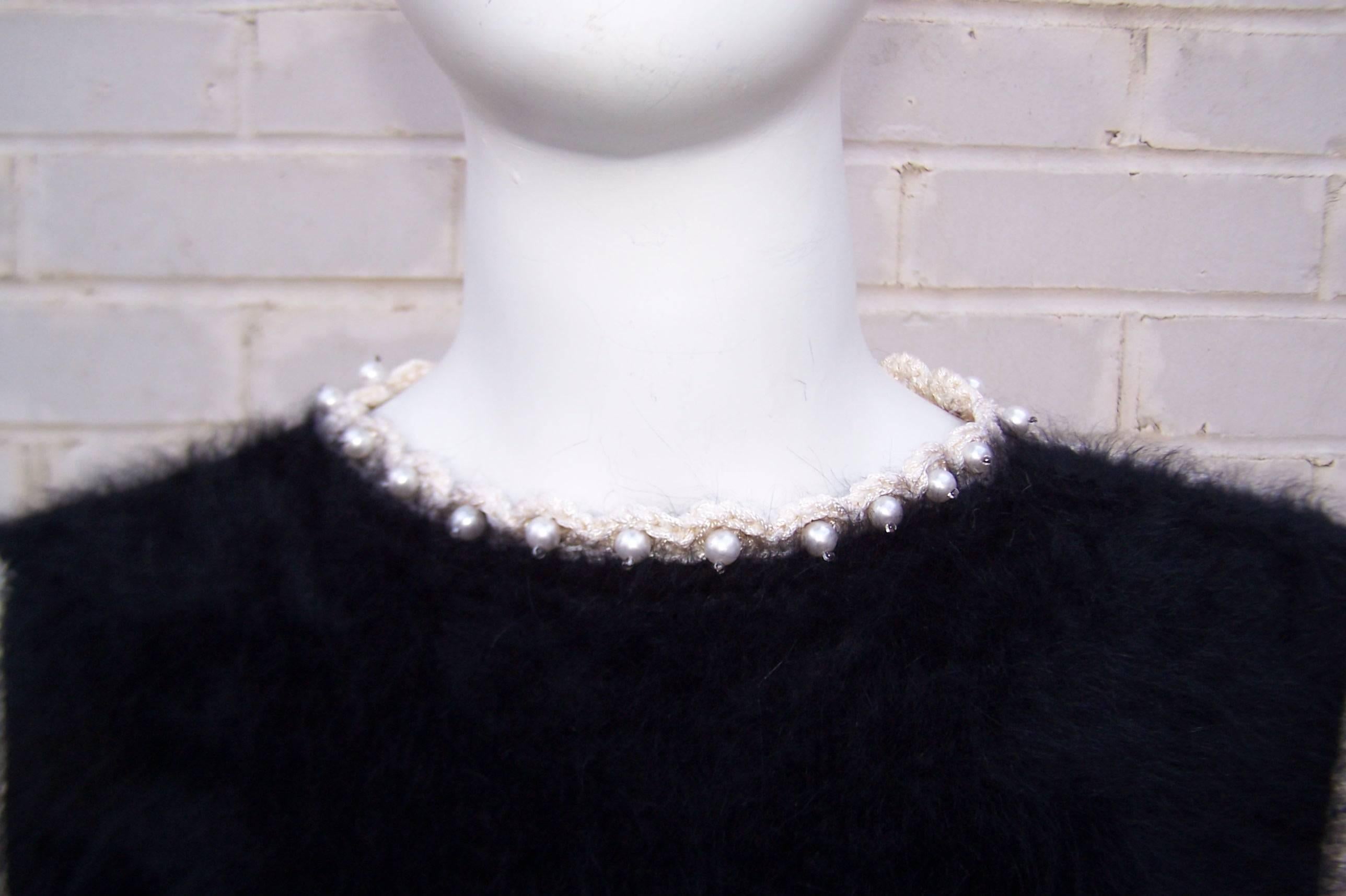 Pearl Embellished 1970's Black Angora Two Tone Sweater Top  In Excellent Condition In Atlanta, GA
