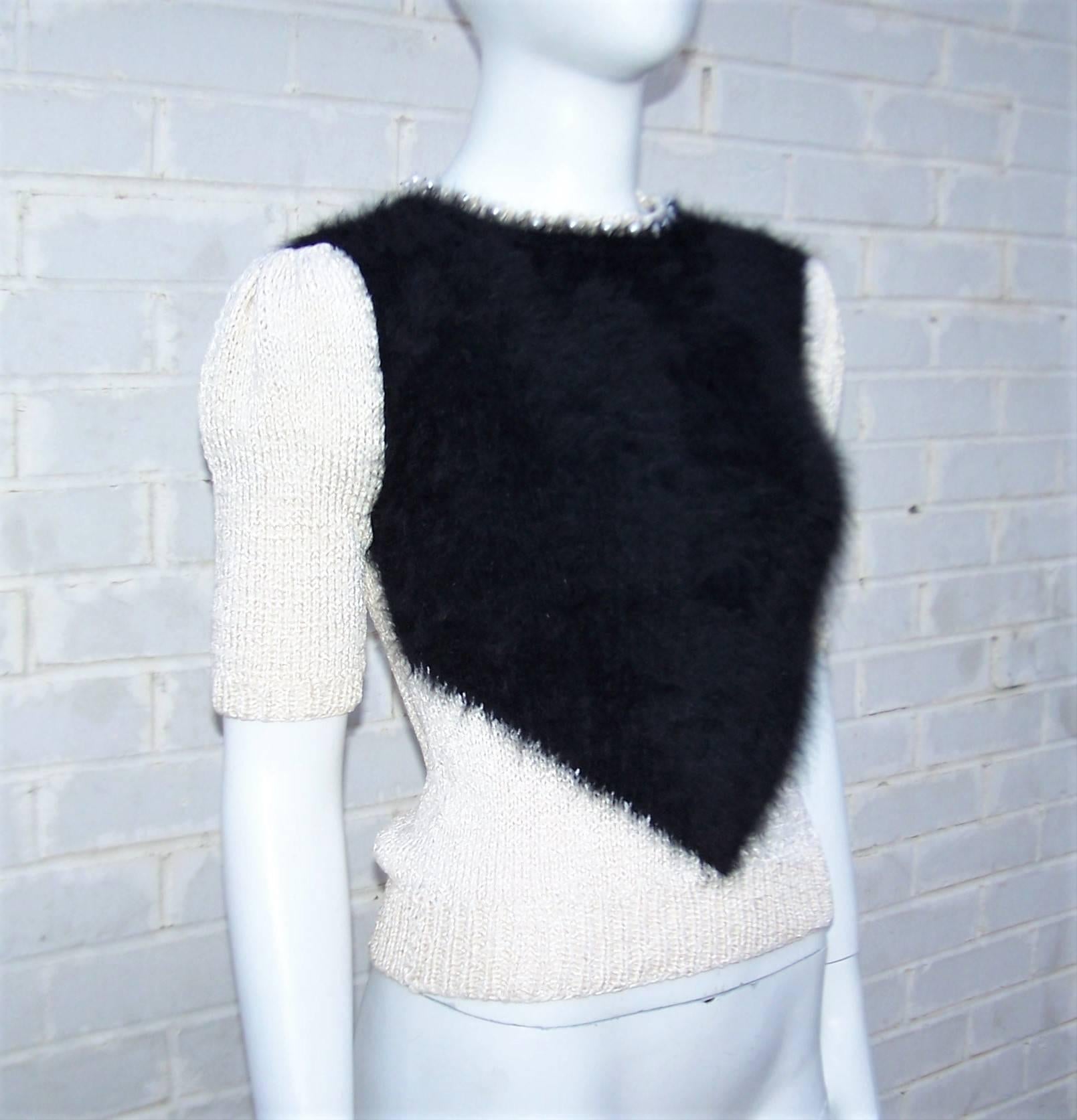 Women's Pearl Embellished 1970's Black Angora Two Tone Sweater Top 