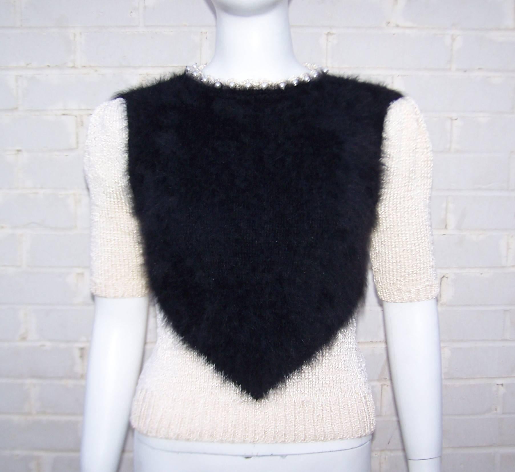 Pearl Embellished 1970's Black Angora Two Tone Sweater Top  1